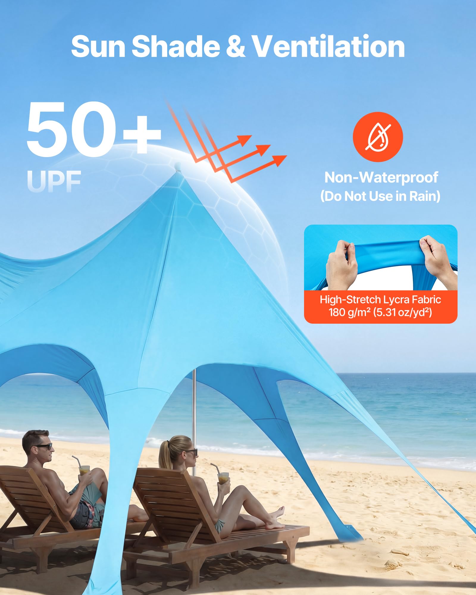 VEVOR UPF50+ ochrona przed słońcem, namiot plażowy, 2,8 m wysokości, 6 x 4 m, łatwy wysuwany baldachim plażowy z workami z piaskiem, drążki stabilne, łopatki piaskowe, przenośny, na rodzinne wycieczki