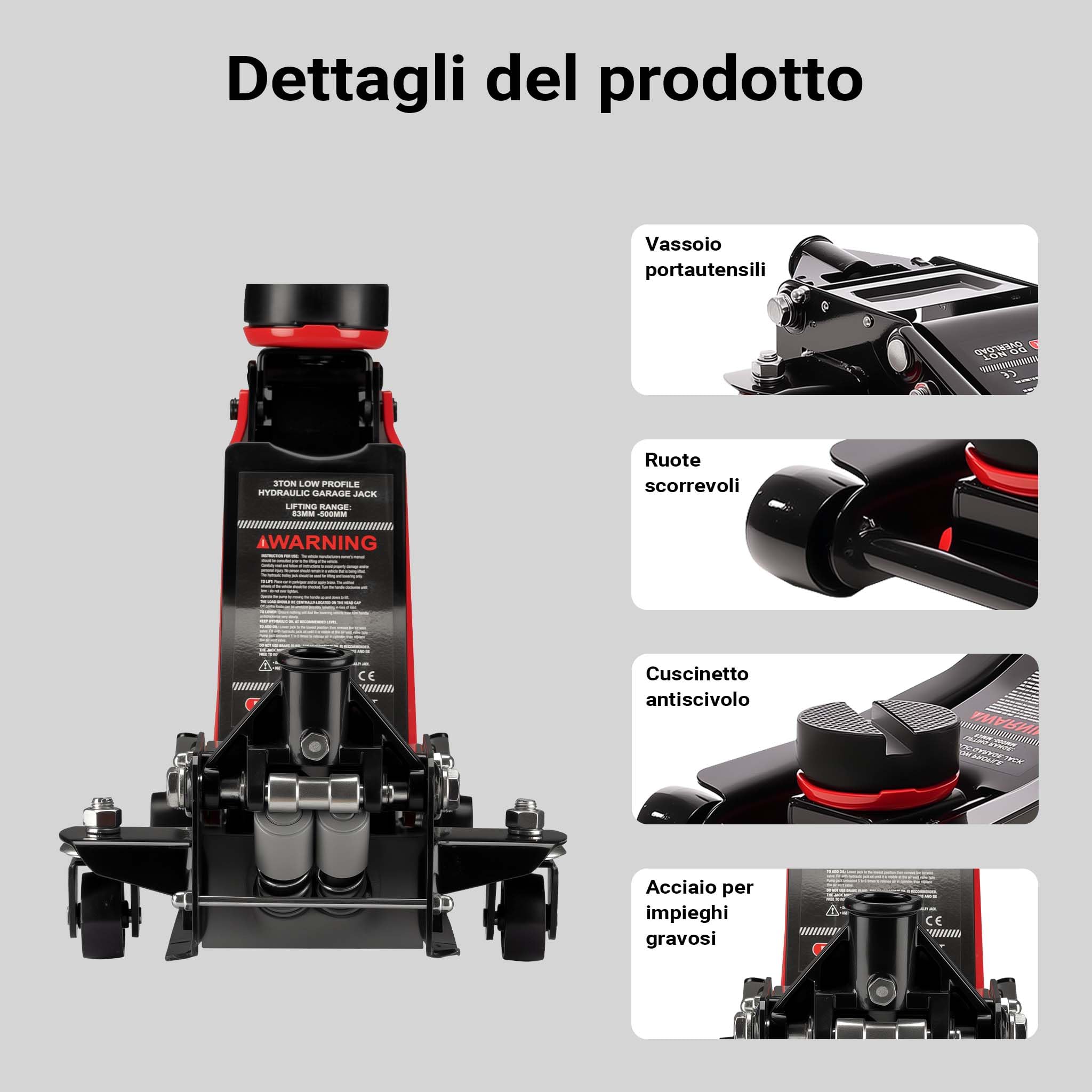 XPOtool Martinetto Idraulico da manovra da 3 t, Altezza di Sollevamento 85-500 mm, cric Mobile, cric per Auto con Doppio pistone e Quattro rotelle