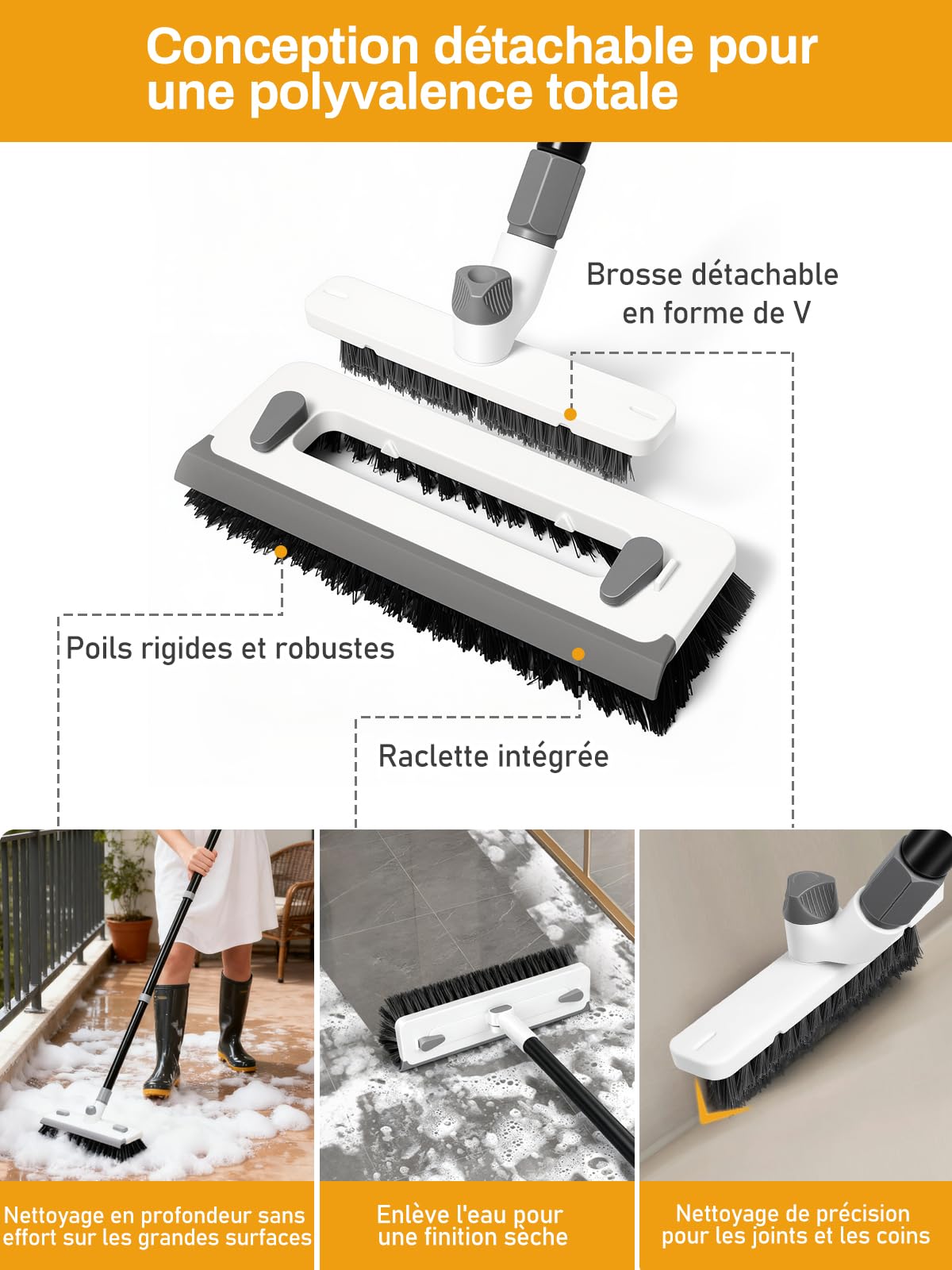 Brosse à Récurer Sols 3-en-1 Manche Long de 140 cm Poils Rigides Raclette Brosse à Joints en V Détachable Outil de Nettoyage Professionnel pour Salle de Bain, Carrelage, Terrasse, Béton et Garage