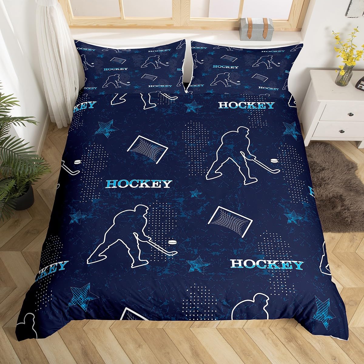 richhome Ice Hockey Bedding Set Super King Ice Sports Games Blue for Kids Teenagers Adults Hockey Player Duvet Cover Set Sports Games
