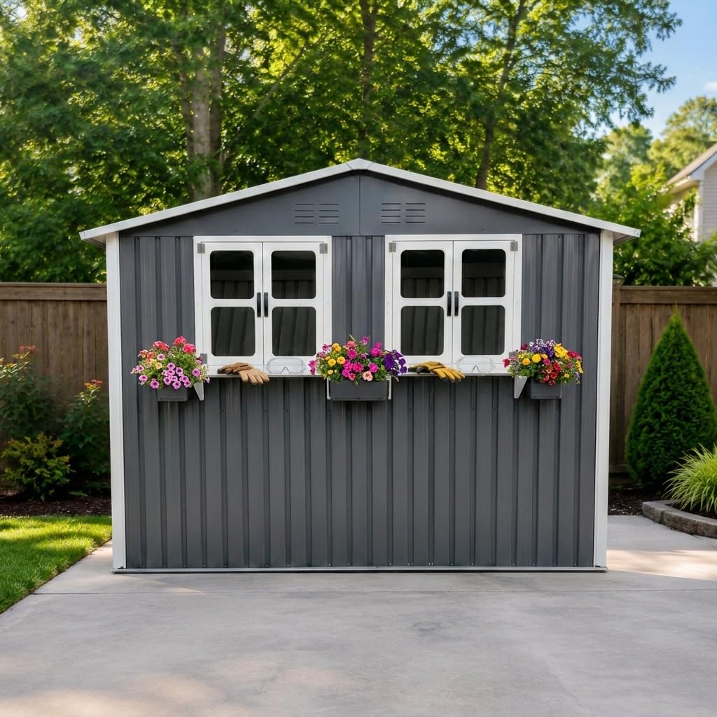 Gartenhaus Metall 275,7x181,7cm Geräteschuppen mit 2 Fenstern und Blumenregal Doppeltüren Wasserdicht für Garten Terrasse
