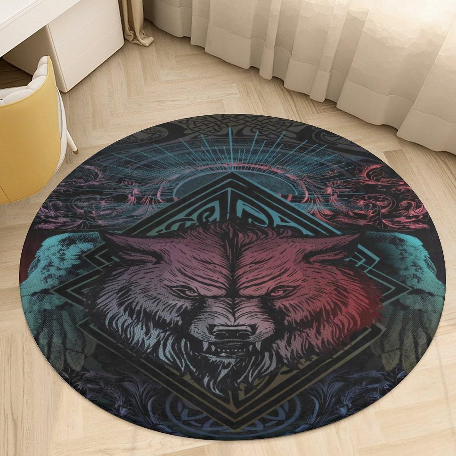 Tapis rond loup viking pour chambre et salon : confort doux et antidérapant au quotidien