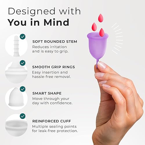 Miniatura 4 de EcoBlossom - Juego de 2 vasos menstruales reutilizables, tallo recortable de diseño premium + 1 bolsa de almacenamiento (2 vasos pequeños)