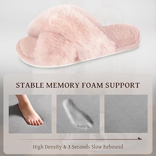Miniatura 3 de Parlovable Pantuflas peludas para mujer, cómodas con banda cruzada, zapatos de casa de espuma viscoelástica con punta abierta, regalos para