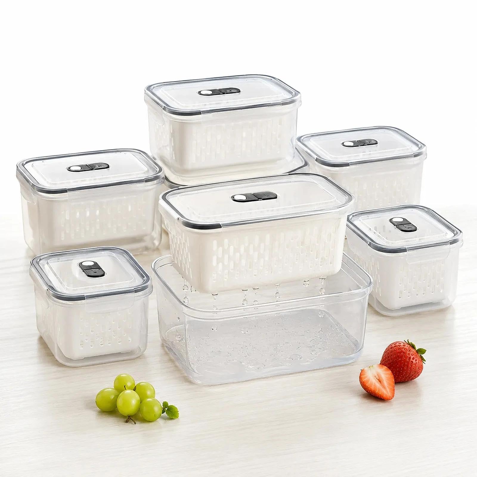Produce Keeper - Recipientes de almacenamiento de alimentos para nevera, 4 en 1 con colador extraíble, cesta de drenaje, divisor y tapa hermética, ideal para bayas, verduras, preparación de comidas