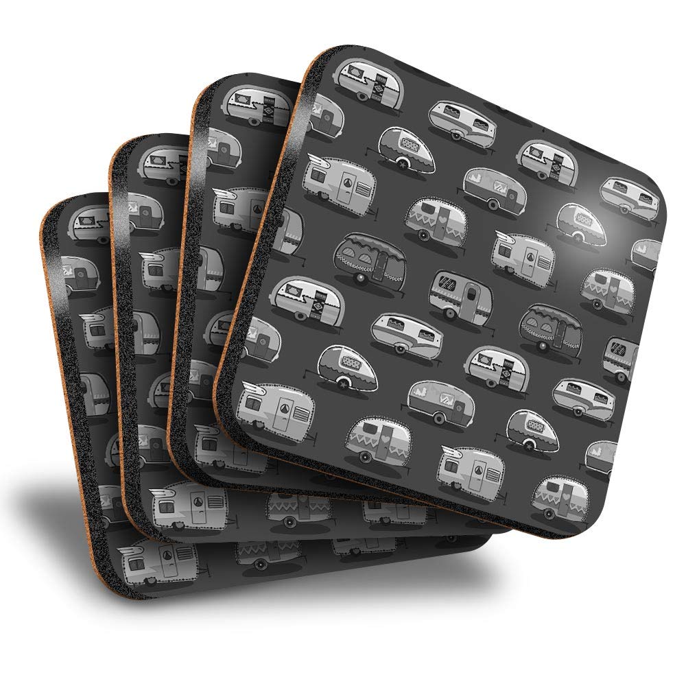 Destination Vinyl Ltd Great Coasters (Set of 4) Square - BW - Caravans Caravan Camping Drink Glossy Coasters/Tabletop Protection for Any Table Type #38980