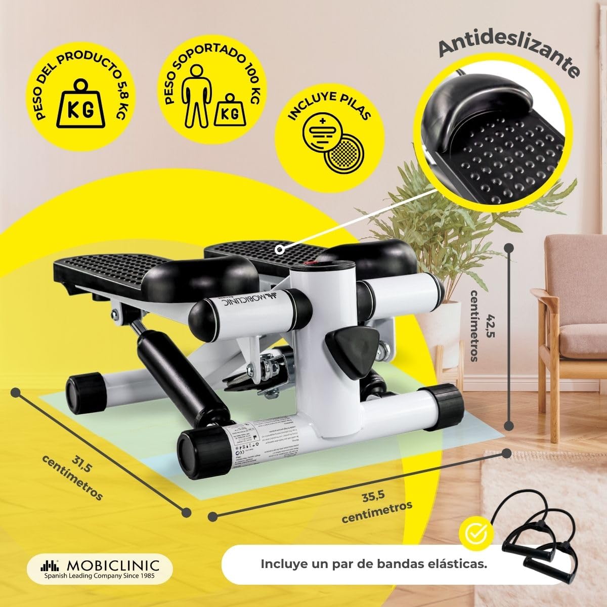 Mobiclinic® Fitness, Stepper, 2 en 1, Cuerdas de Resistencia, Multifunción, Brazos y piernas, Pantalla LCD, Carga 100 kg, Compacto, Gym casa, Altura Ajustable