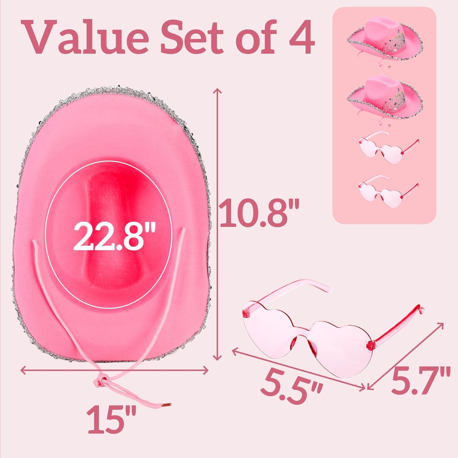 2 Pack Pink Cowgirl Hat with 2 Pcs Heart Glasses, Pink Sequin Cowboy Princess Hat with Crown Tiara Design, Halloween Western Women Costume Accessories, Fun Party Hats and Goggles for Adults - Image 2