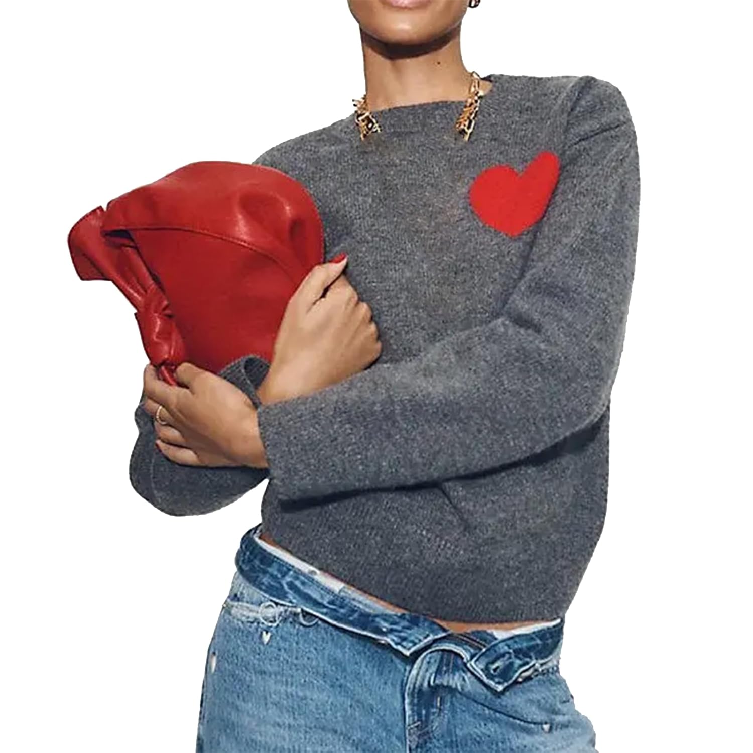 HOXIJIA Women Heart Print Long Sleeve Sweater Cute Crew Neck Loose Fit Heart Knit Shirt Valentine Going Out