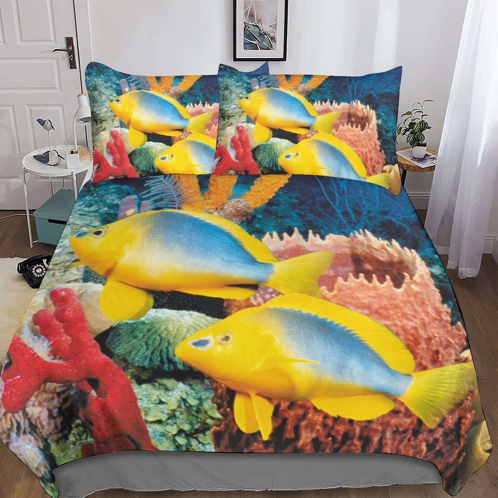 INDYAH Sea Bedding Set Duvet Cover Set for 3D Printed 3 Pieces Soft Breathable Animal Fish Comforter Cover Quilt Cover with Pillowcases Double（200x200cm）
