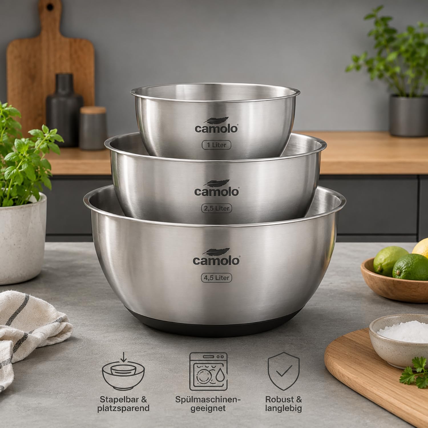 camolo Profi Edelstahl Schüssel Set mit Deckel zum Backen, Servieren, Kochen oder Aufbewahren - luftdicht verschließbar