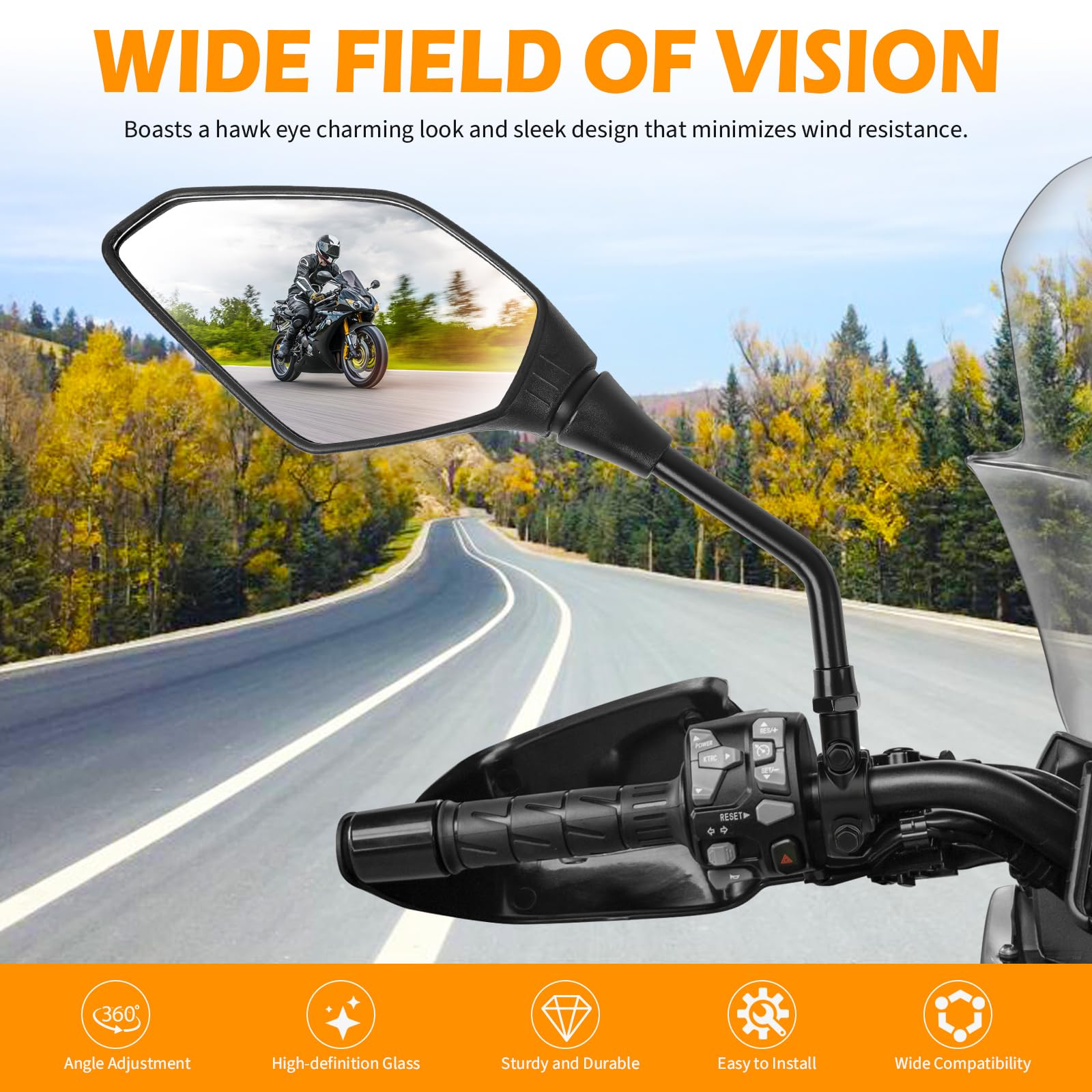 DREAMIZER Specchietti Retrovisori per Moto Universali, Specchietti Moto Manubrio con Viti M8 M10 e con Staffa 22mm,Compatibili con Suzuki Aprilia Kawasaki ATV Scooter Dirt-Bike Moped E-bike Roller