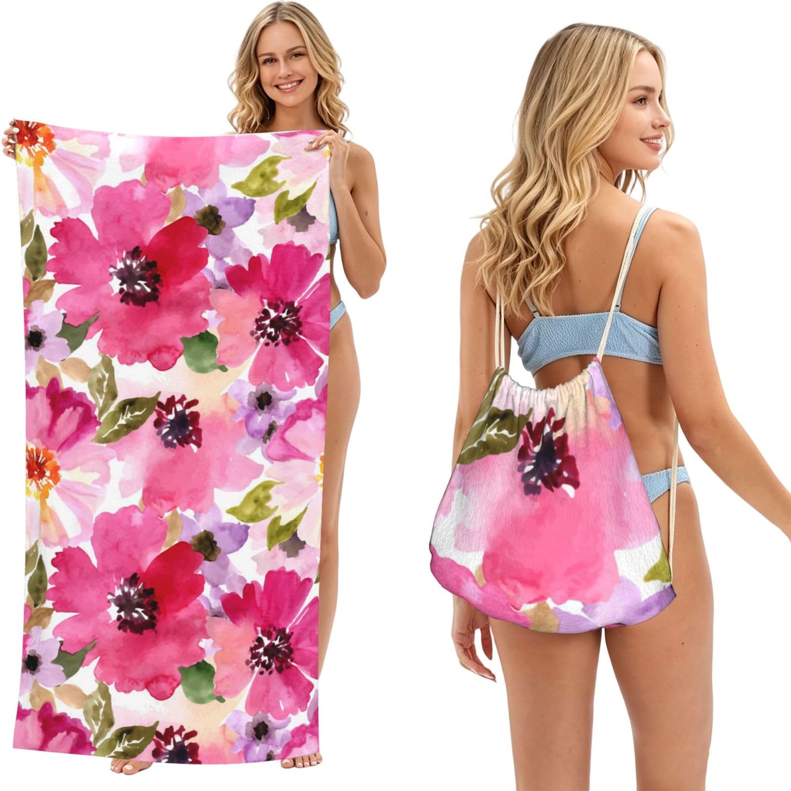 Poadnly As Picture Watercolor Flowers Pink Fuchsia, 2 In 1 Packable Towel Bag, Beach Towels With Drawstring Backpack For Travel Holiday Camping