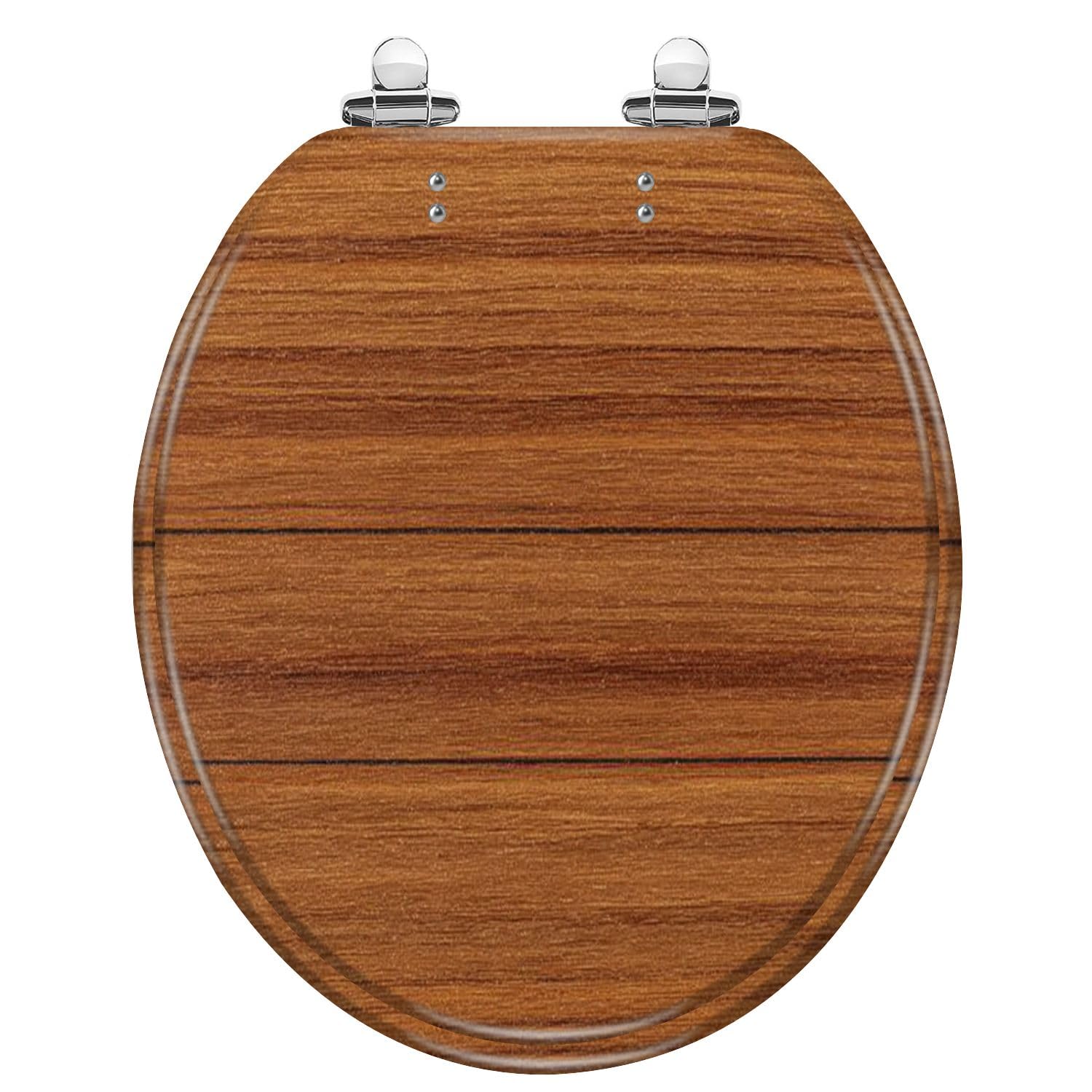 Asiento de inodoro redondo de resina de madera de teca con tapa de cierre suave y silencioso, bisagras de liberación rápida, protectores de cubierta y fácil limpieza.