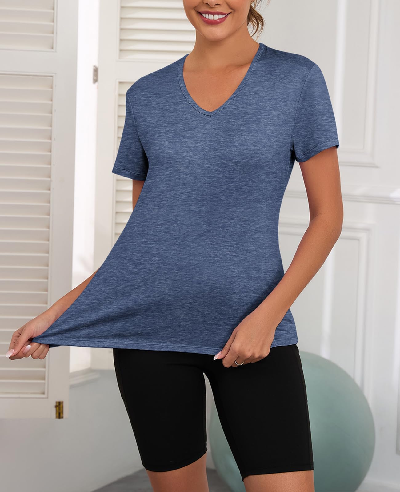 Mazulun V Neck Workout Tops for Women UPF 50+ Breathable Loose Fit Short Sleeve Tee Shirt Yoga Gym Basic T Shirts Dark Blue L