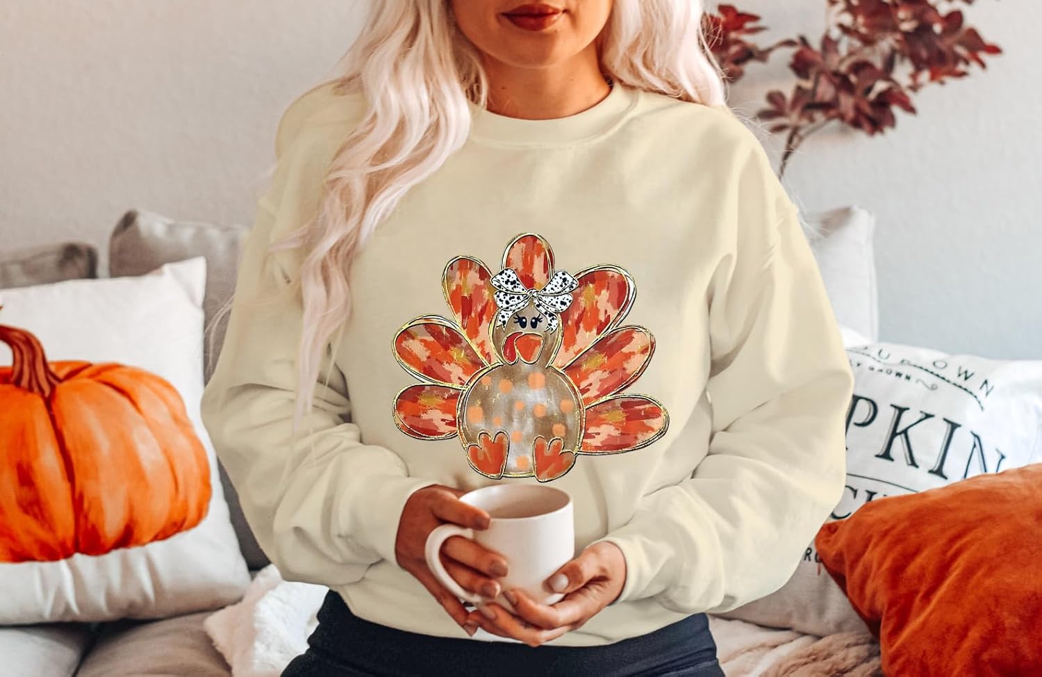 Thanksgiving Sweatshirts for Women Gobble Turkey Graphic Long Sleeve Shirt Crew Neck Thankful Pullover Tops - Image 2