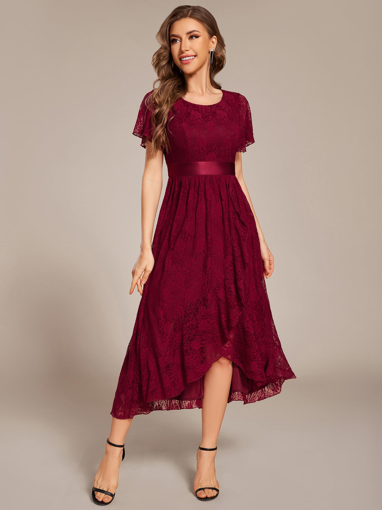 Ever-Pretty Abendkleider Damen Lang Rundhalsausschnitt Brautjungfernkleid Midi Ballkleider Chiffon V-Ausschnitt Cocktailkleid Kurze Ärmel EE03489