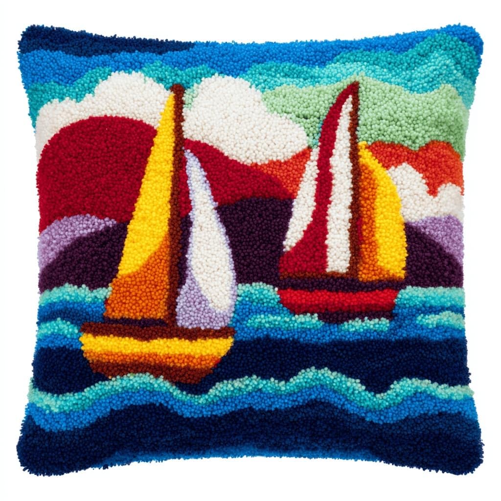 AxiangziK Latch Hook Cushion Kits,Sailboat DIY Needlework Pillow Cover Cushion Rug Making Kit,17X17Inch Handmade Embroidery Kits, Decorative Throw Pillow Cover for Sofa Cushions, Bedroom Decor