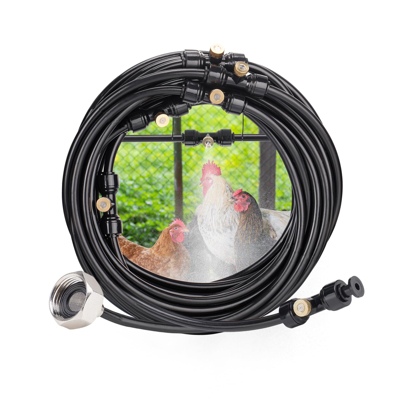 MADHOLLYChicken Coop Misting Cooling System - Easy to Install, No Leakage, Mist Hose Kit for Chicken Coop with 39.4FT Misting Line + 11 Mist Nozzles + 3/4" Adapter, for Chicken Coop Cooling