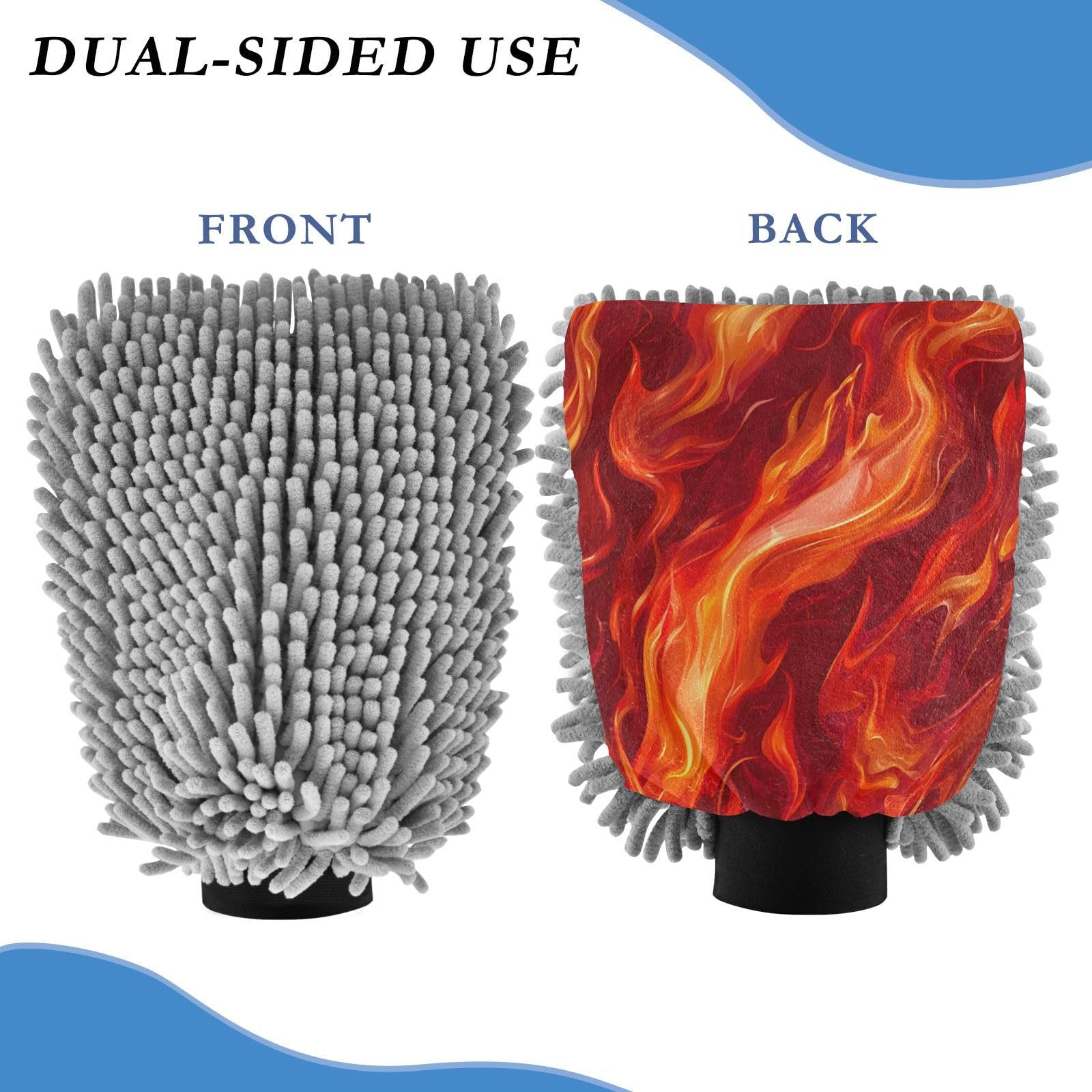 STAYTOP Orange Fire Car Wash Mitt Microfiber, 2Pcs Scratch Free Lint-Free, Premium Chenille Microfiber Mitt Car Wash Brush-M