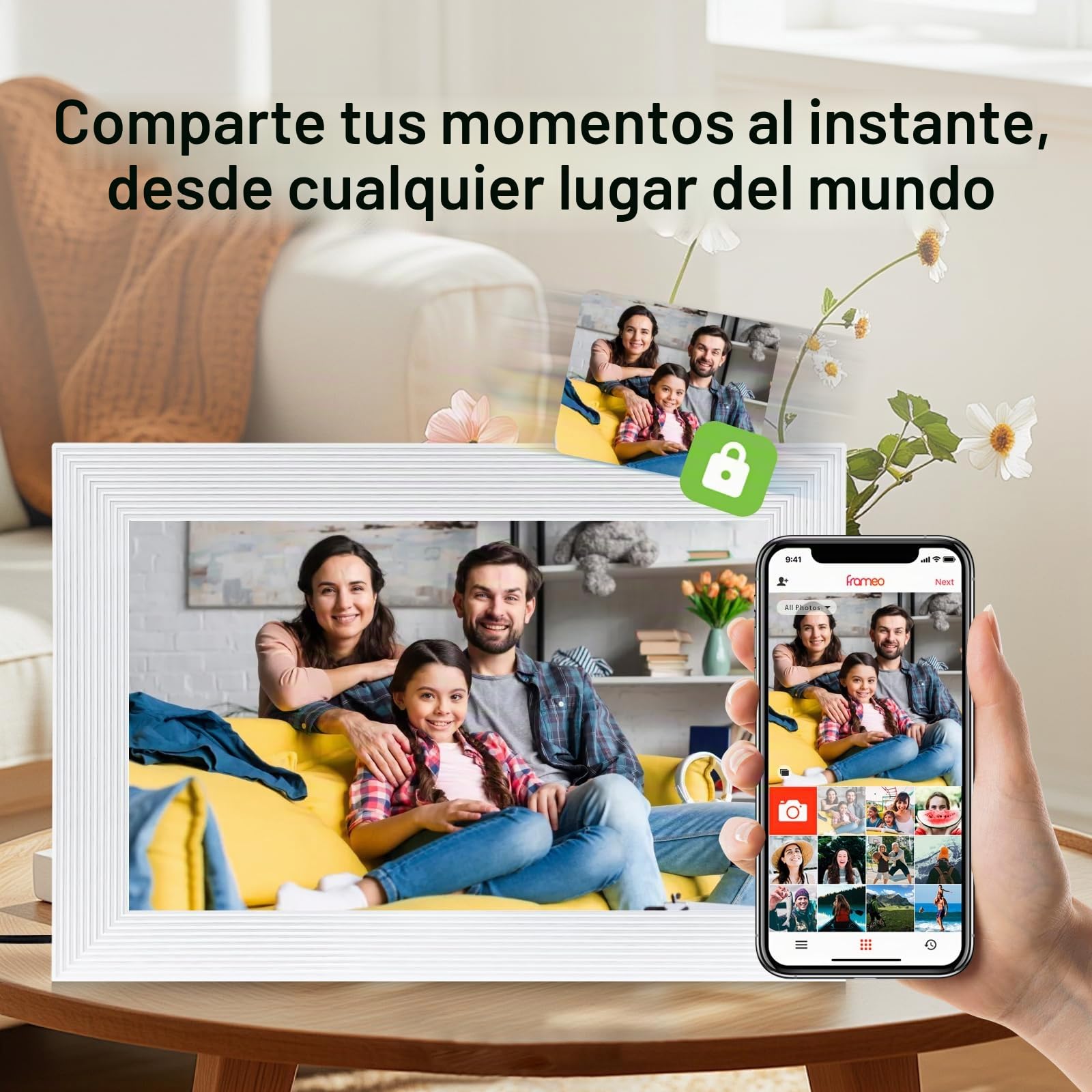 Frameo White - Marco de fotos digital inteligente WiFi de 10.1 pulgadas, marco de fotos digital Wi-Fi con almacenamiento de 32 GB y ranura SD, marco de fotos electrónico, pantalla táctil IPS con