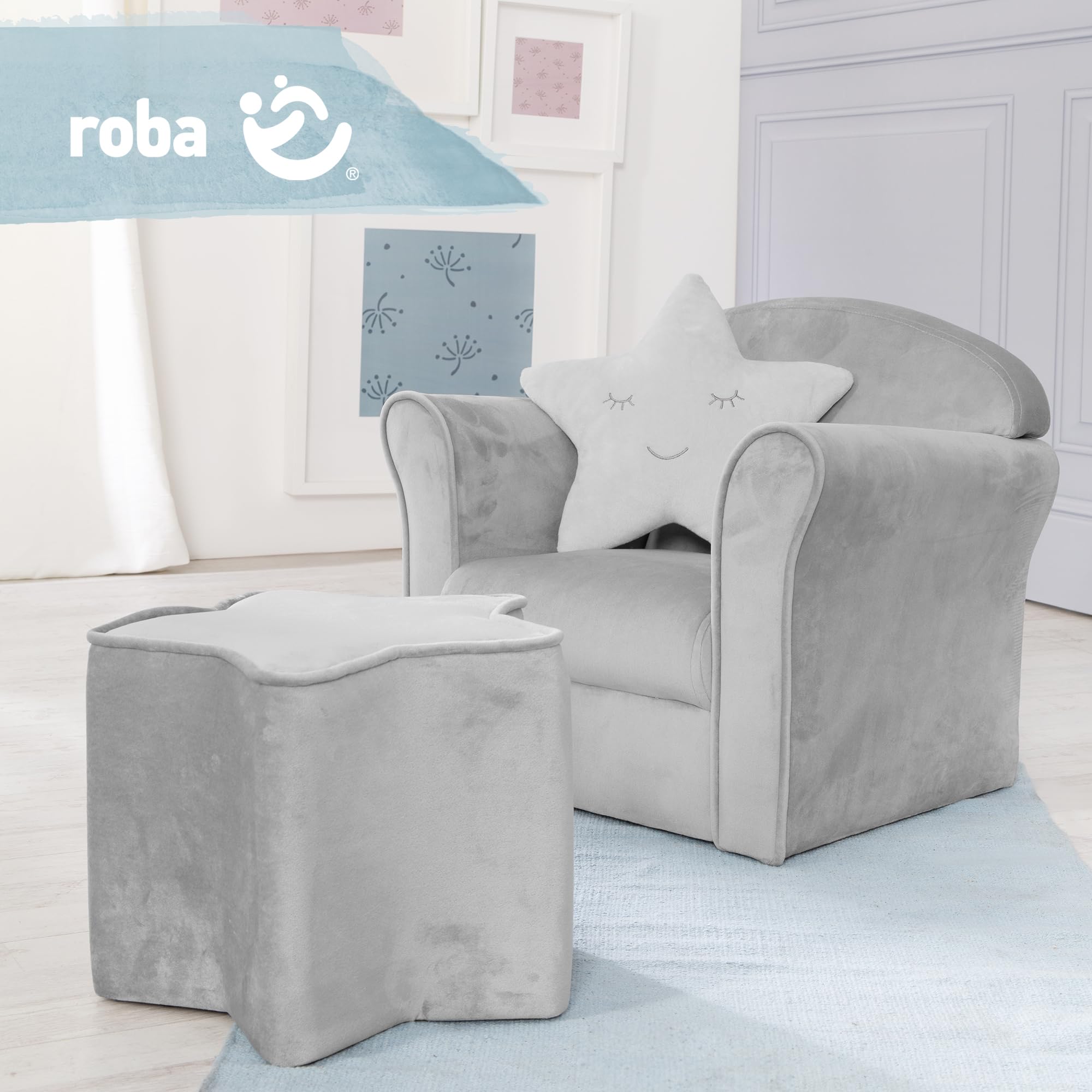 roba Kindersessel Lil Sofa mit Armlehnen - für Jungen und Mädchen - Bequemer Babysessel - Samtstoff grau - Mini Sessel für Baby & Kinderzimmer