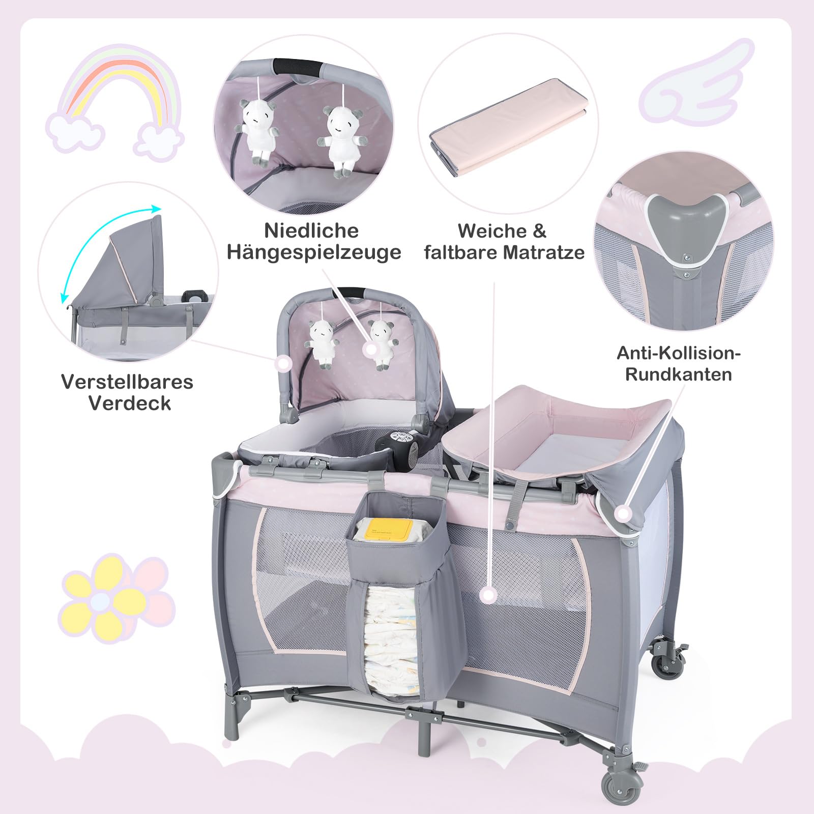 DREAMADE 5-in-1 Reisebett Baby, Beistellbett mit Matratze, Wickelauflage, Rollen & Tragetasche, Babybett mit Musikbox & Hängespielzeug, für Neugeborene und Kleinkinder (Pink)