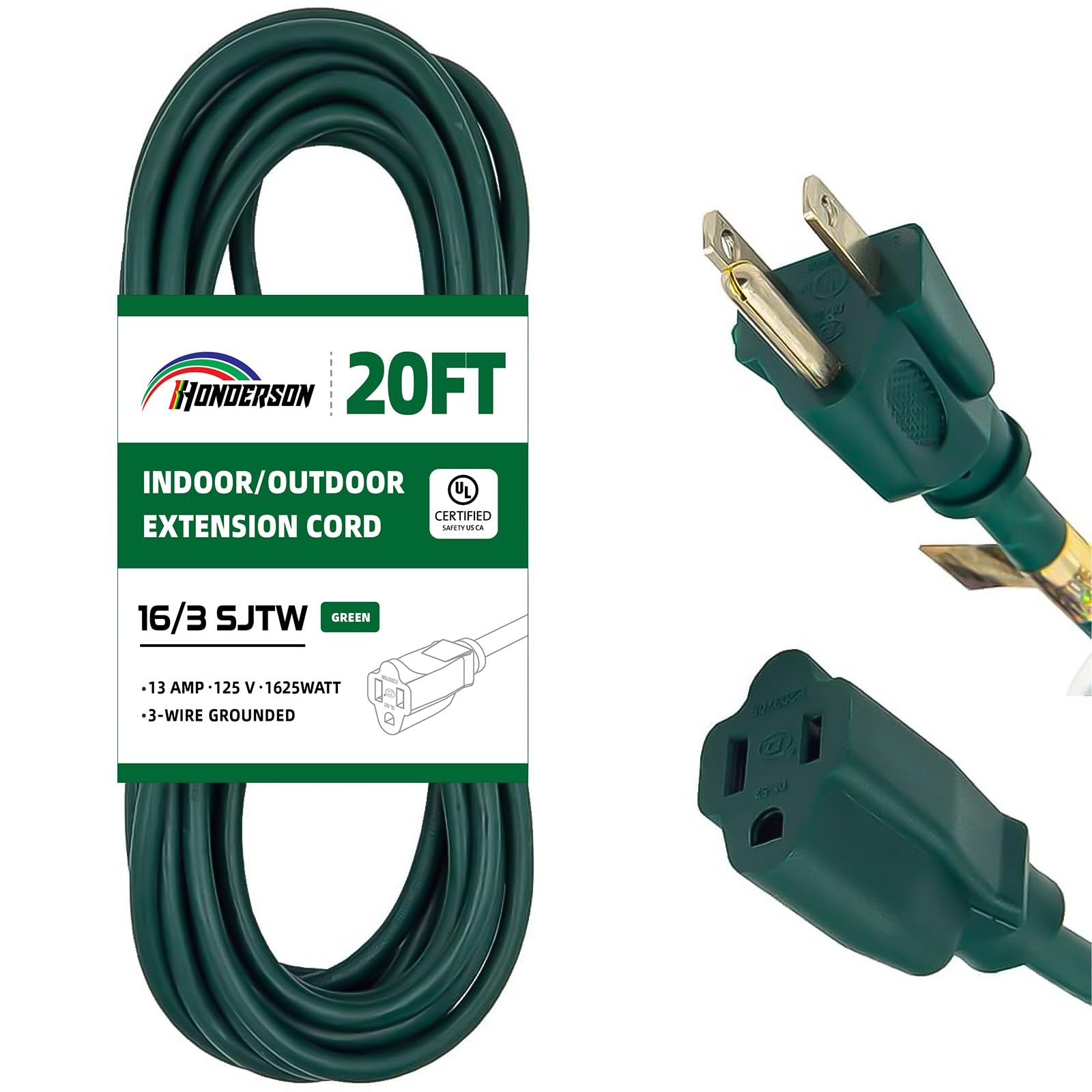 SJTW 20FT Outdoor Extension Cord-16/3 Durable Green Extension Cable with 3 Prong Grounded Plug for Safety, Great for Outside Christmas Decorations