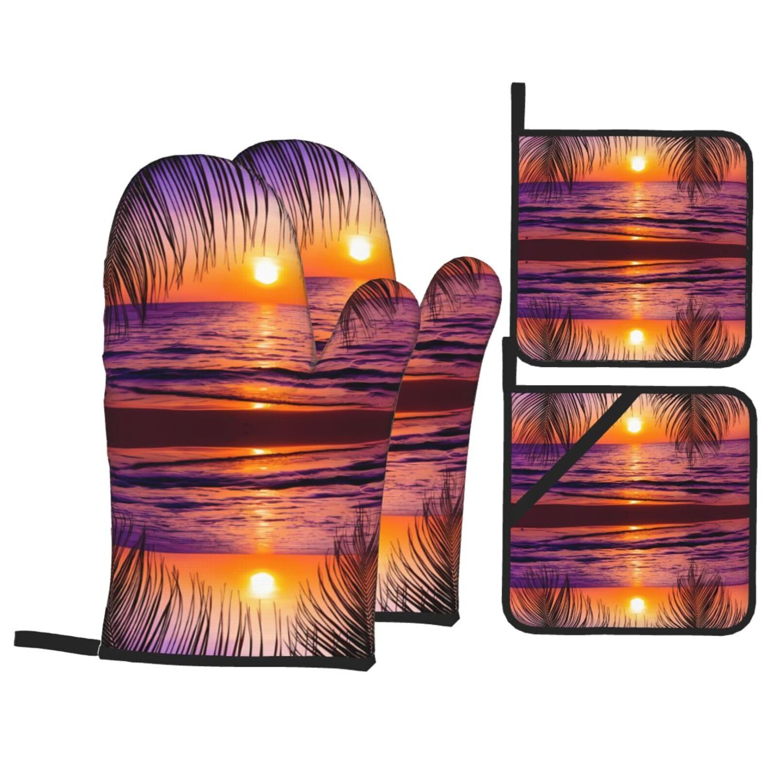 YYHHAOFA Sunset Ocean with Tropical Palm Trees Twilight Scenery Prints Kitchen Covers: Waterproof Oven Layers for Easy Cooking & Cleanup - 4 Piece Heat Shield Set