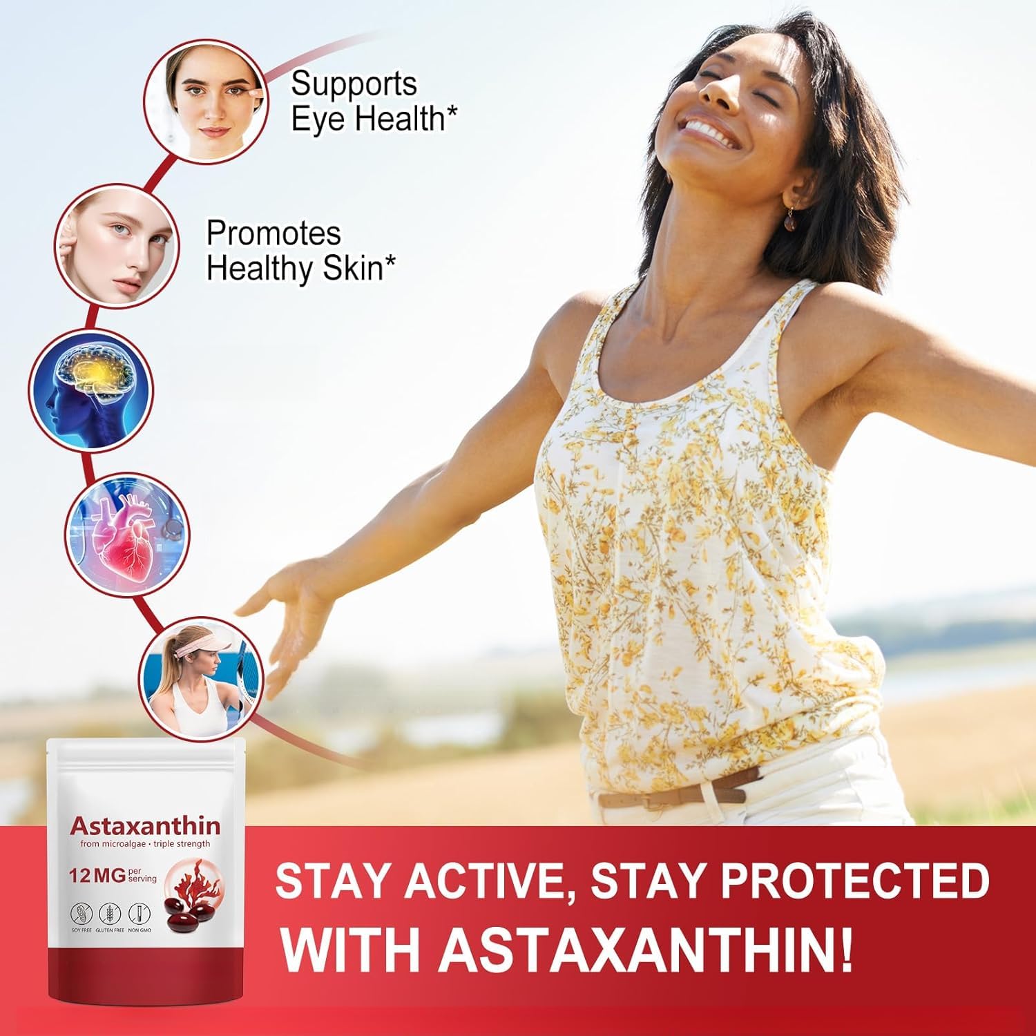 Astaxantina Premium, Supporto Antiossidante per la Salute di Occhi, Pelle, Articolazioni e Circolazione, Senza OGM & Senza Glutine