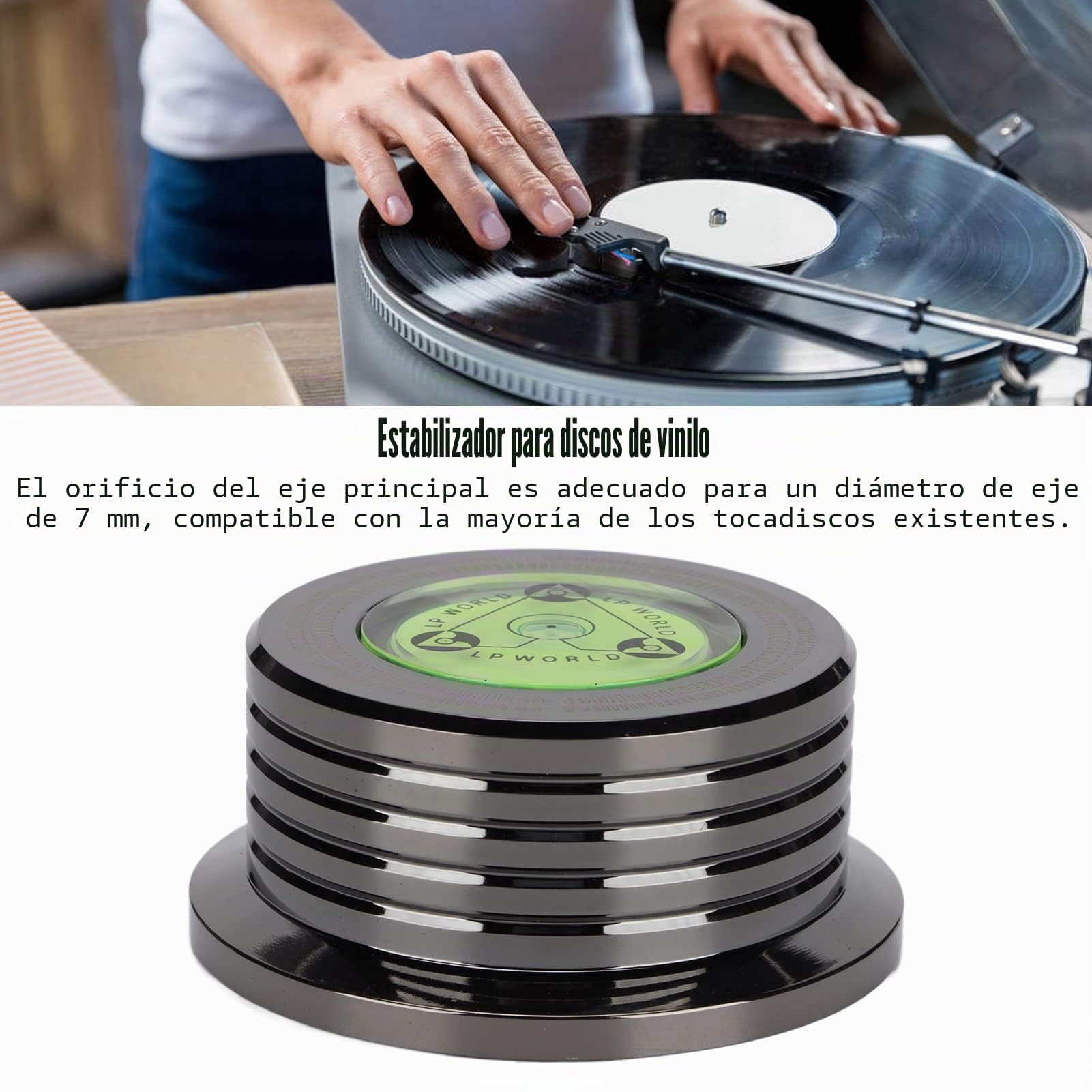 Estabilizador para Discos LP, Aluminio con Nivelación de Burbujas, Elimina Vibración, Velocidad Constante, Mantiene Nivel del Tocadiscos