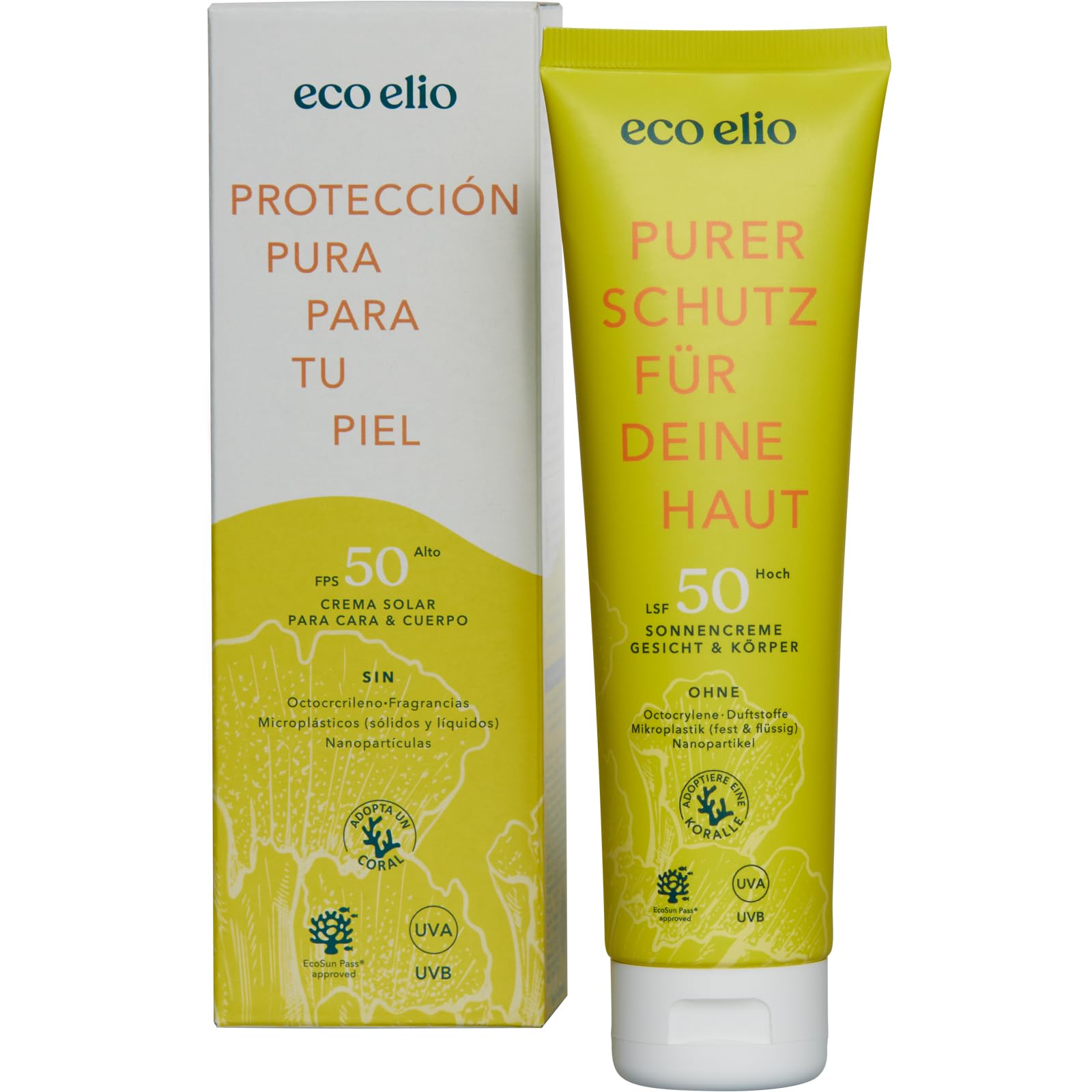 eco elio SPF 50 crema solar sostenible 150ml "Pura Protezion" I Crema solar sin octocrileno ni microplásticos I Crema solar facial y corporal crema solar para la cara 50 I sin cosméticos ni perfume