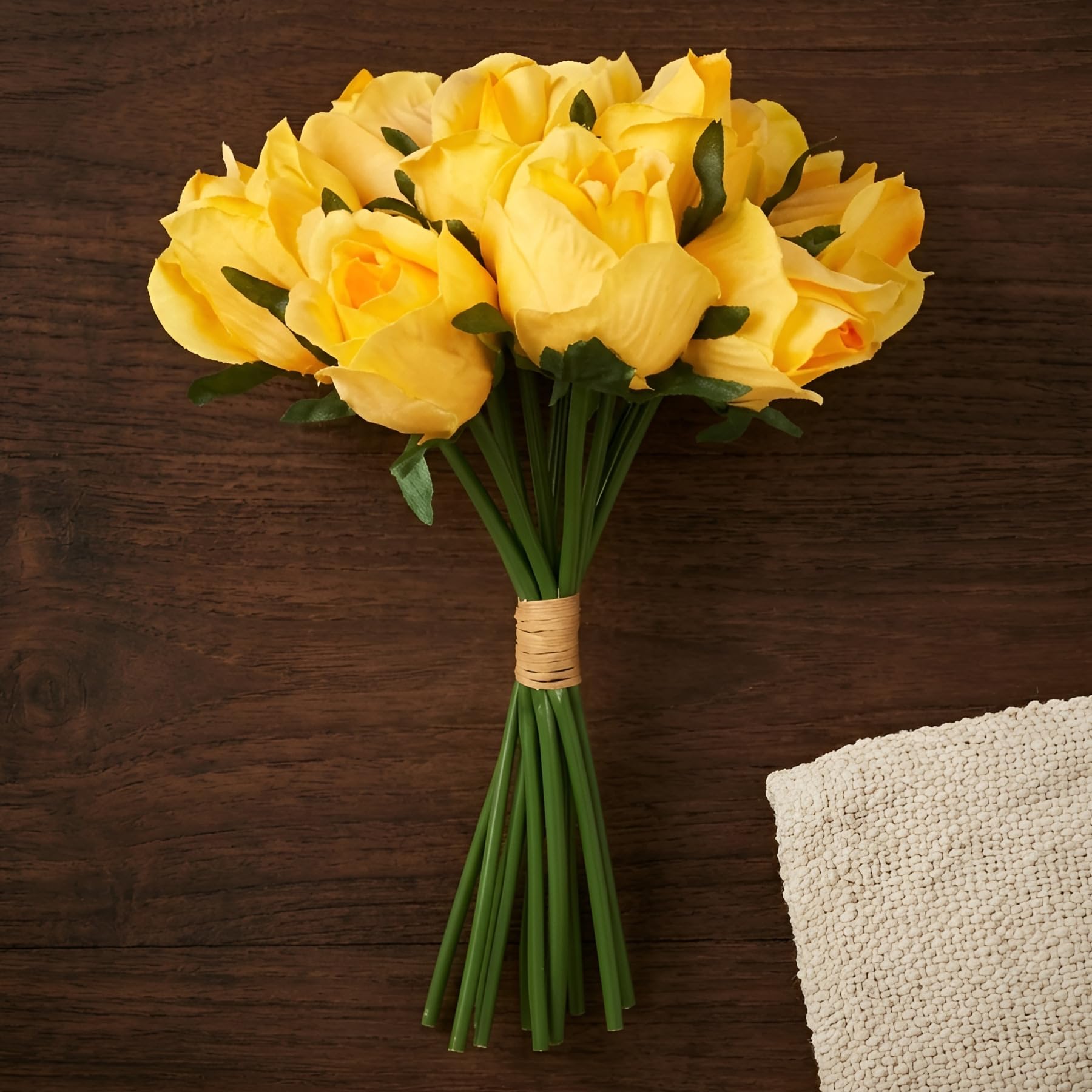 Tied Ribbons Set Of 12 Artificial Rose Flowers Bunches For Vase (24 Cm,Yellow)-Home Decoration Gift Items For Living Room Corner Table Top Bedroom Wedding Party Events (Pot Not Included) - Polyester-image-49