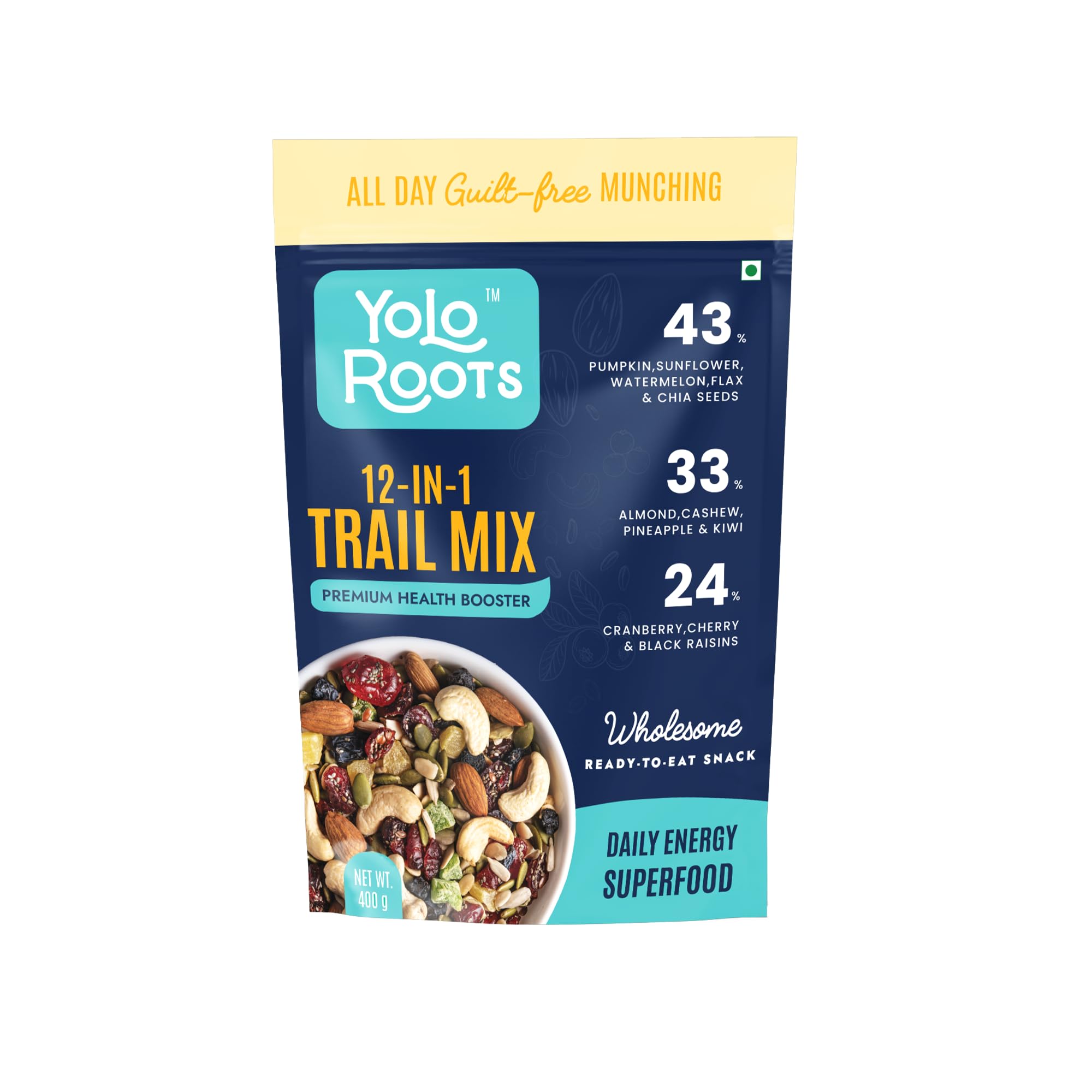 Yolo Roots Trail Mix 400gm | Roasted 12-in-1 Dry Fruit & Nut Mix with Almonds, Cashews, Cranberries Pumpkin,Chia & Sunflower Seeds | High Protein & Fibre | No Added Sugar | Healthy Anytime Snack-image-34