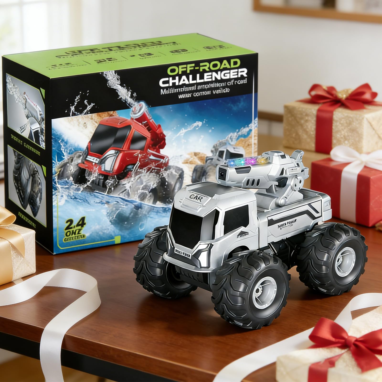 Coche Teledirigido Anfibio con Cañones de Agua, 2.4 GHz RC Coche Teledirigido 360° Rotación y Luces LED, Batería Doble Todoterreno Teledirigido 4x4 Regalo Niños 6 7 8 9 10 11 12 Años
