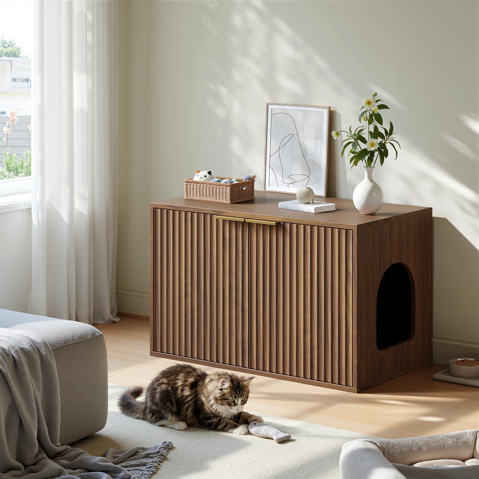 Evermagin 31.5" Walnut Cat Litter Box Enclosure Furniture, Large Hidden Litter Box Cabinet, Mid Century Modern Indoor Cat House Kitty End Table for Living Room, Entryway, Bedroom - image 3