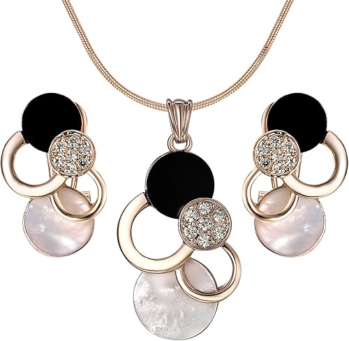 Yoursfs White and Black Shell Pendant Necklace and Earrings Sets for Women 18K Rose Gold Plated Fashion Costume Jewellery Set for Wedding Dinner