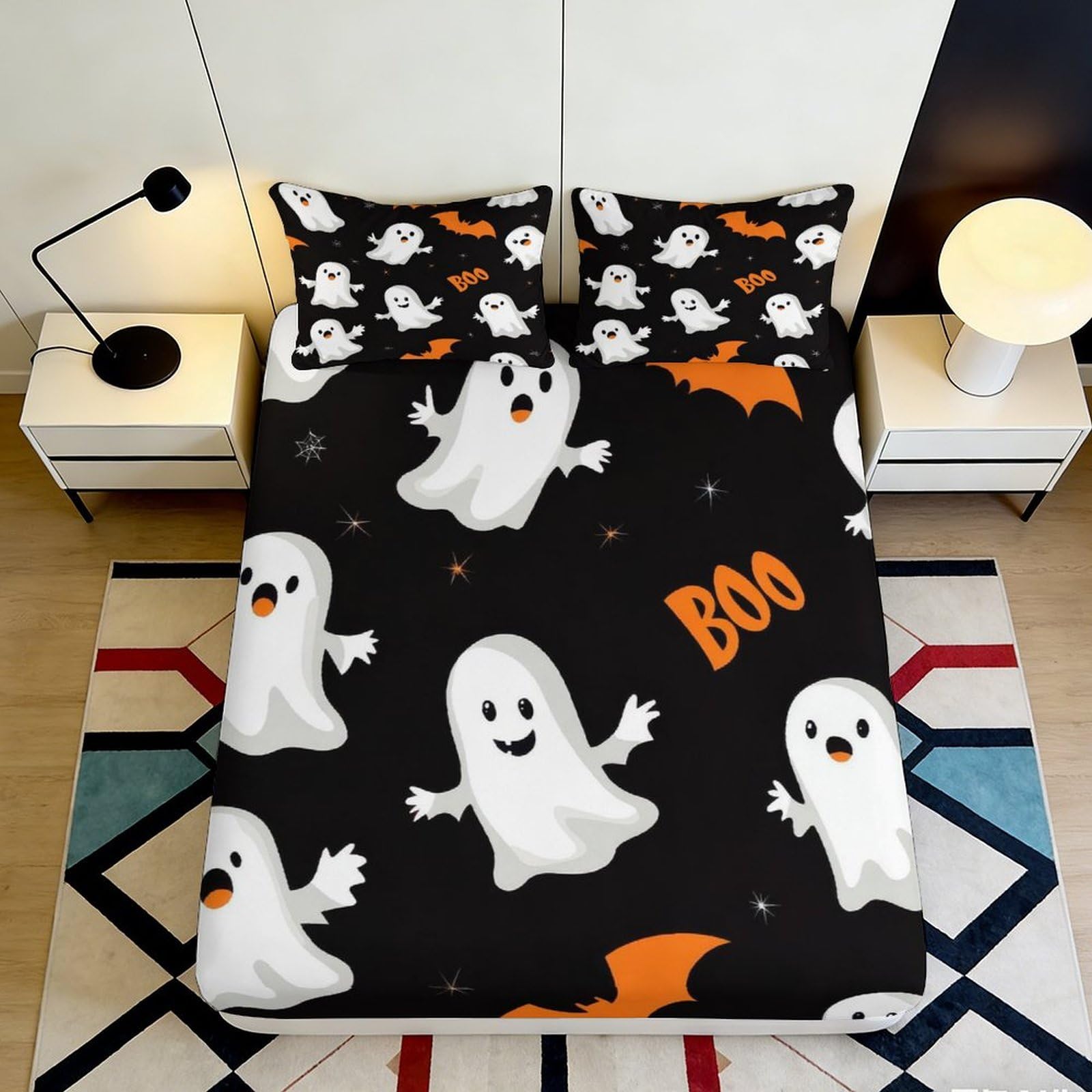 Jqzkxnhpbr Style-9 3D Printed Halloween Ghost Pattern Fitted Sheet Microfiber Soft Orange Black Bat Bed Cover For Bedroom Decor 90X200x25cm