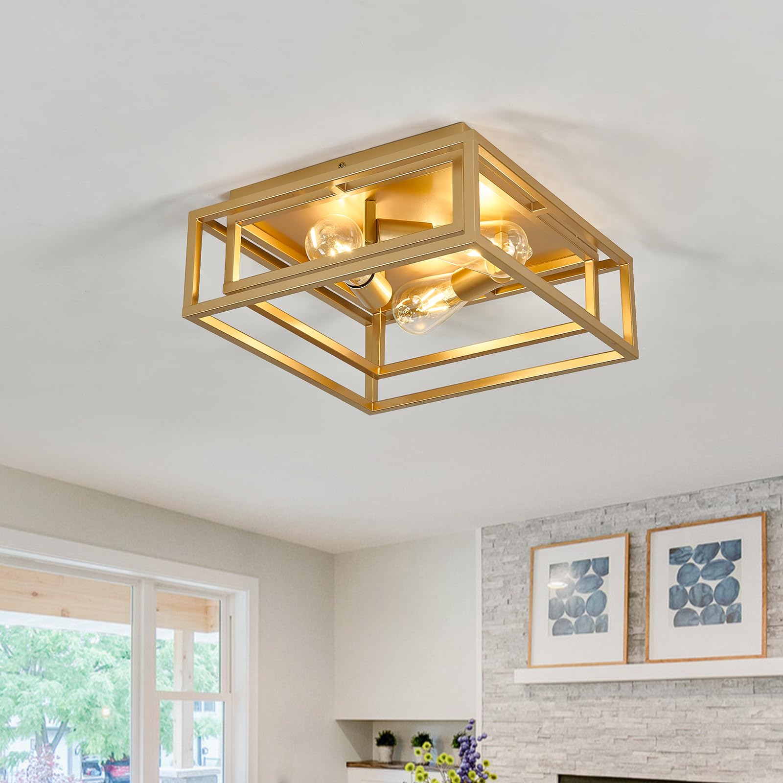 ZGLAOJT Gold Flush Mount Ceiling Light Fixture 3-Light Industrial Metal Close to Ceiling Lights Farmhouse Lighting for Hallway Bedroom Kitchen Dining Room