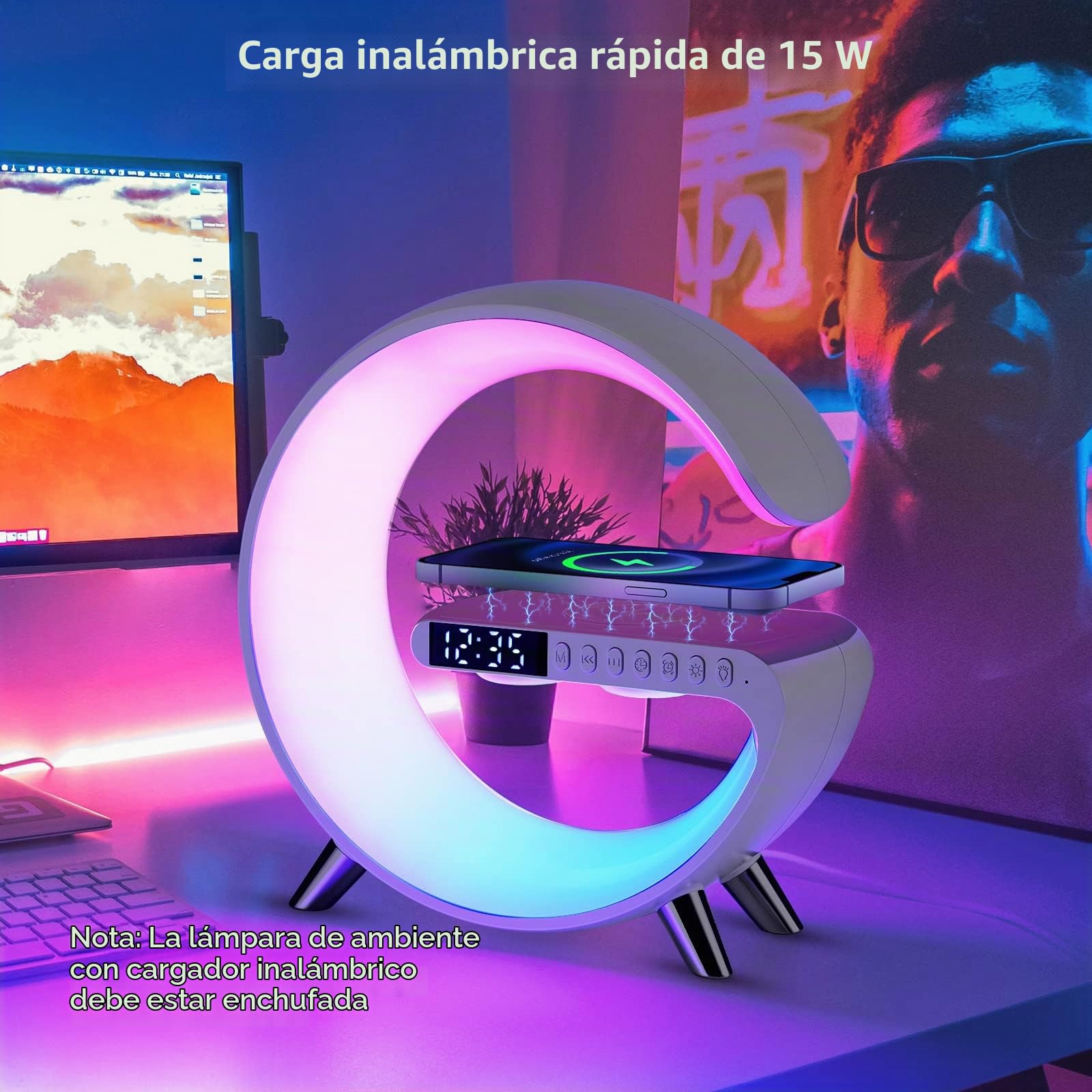Lámpara de Mesa LED Inteligente, Lámpara de Ambiente con Cargador Inalámbrico, Altavoz Bluetooth Lámpara de Luz Nocturna Regulable, Reloj Despertador con Sincronización de Música (Blanco)
