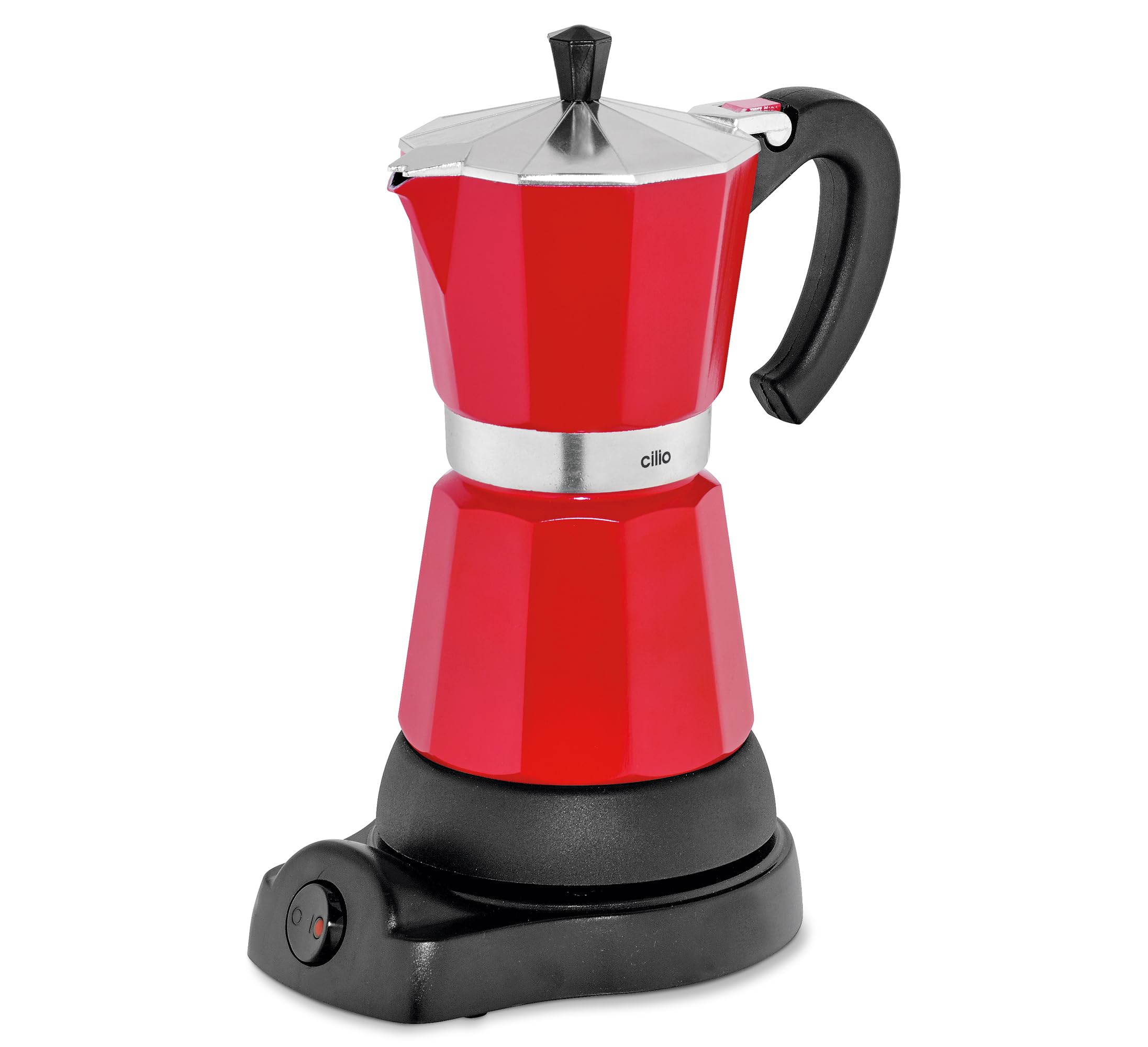 Cilio Espressokocher CLASSICO für 6 Tassen | elektrisch 480W | Ø 11,5 cm Höhe: 25 cm | Aluminium | Rot | integrierte Herdplatte | mit Warmhaltefunktion und Reduziersieb | für Reisen oder Camping