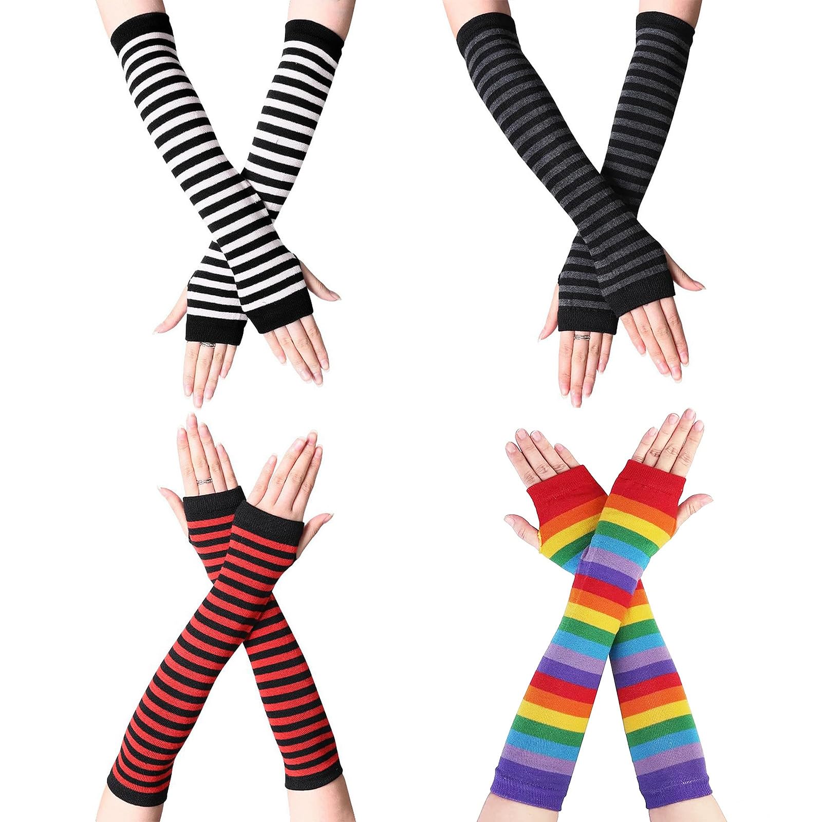 Dolaso 4 Pairs Striped Arm Warmers, Long Fingerless Knitted Gloves with Thumb Hole, Harajuku Kawaii Punk Gothic Arm Sleeves for Women & Men Long Wrist Warmers