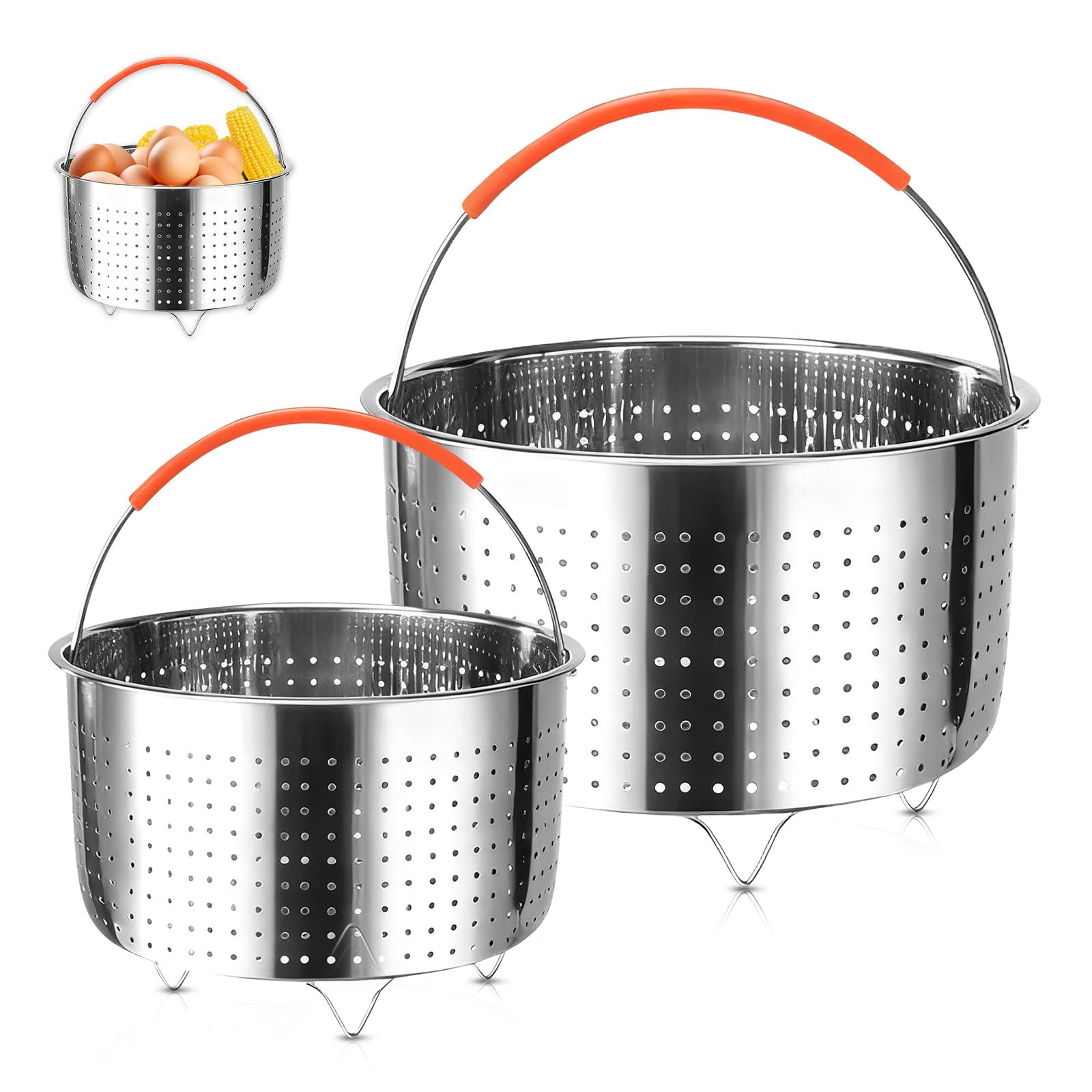 Cesta de Vapor Acero Inoxidable, 20cm+16cm Vaporera Multiusos con Mango de Silicona, Cesta de Cocción para Verduras, Huevos, Pescado