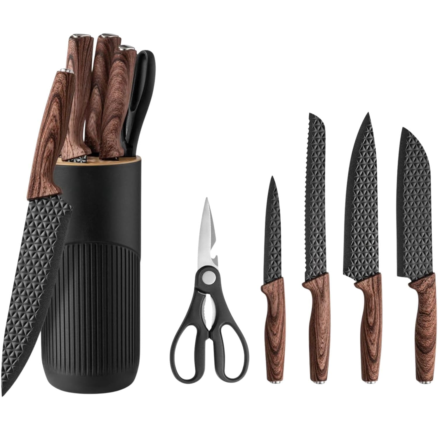 6-Piece Non-Stick Stainless Steel Kitchen Knife Set with Universal Block | Ultra-Sharp Ergonomic Wood Handle Chef, Cleaver & Utility Knives + Scissors for Home, Restaurant & Travel Use