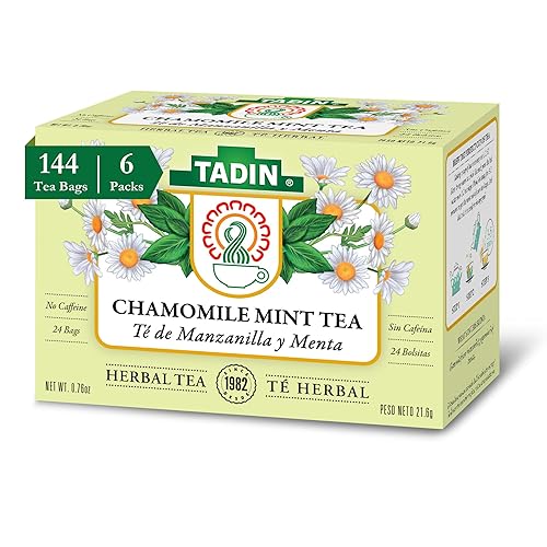 Tadin - Té de hierbas de manzanilla y menta, sin cafeína, 24 bolsas de té por caja, paquete de 6 cajas en total