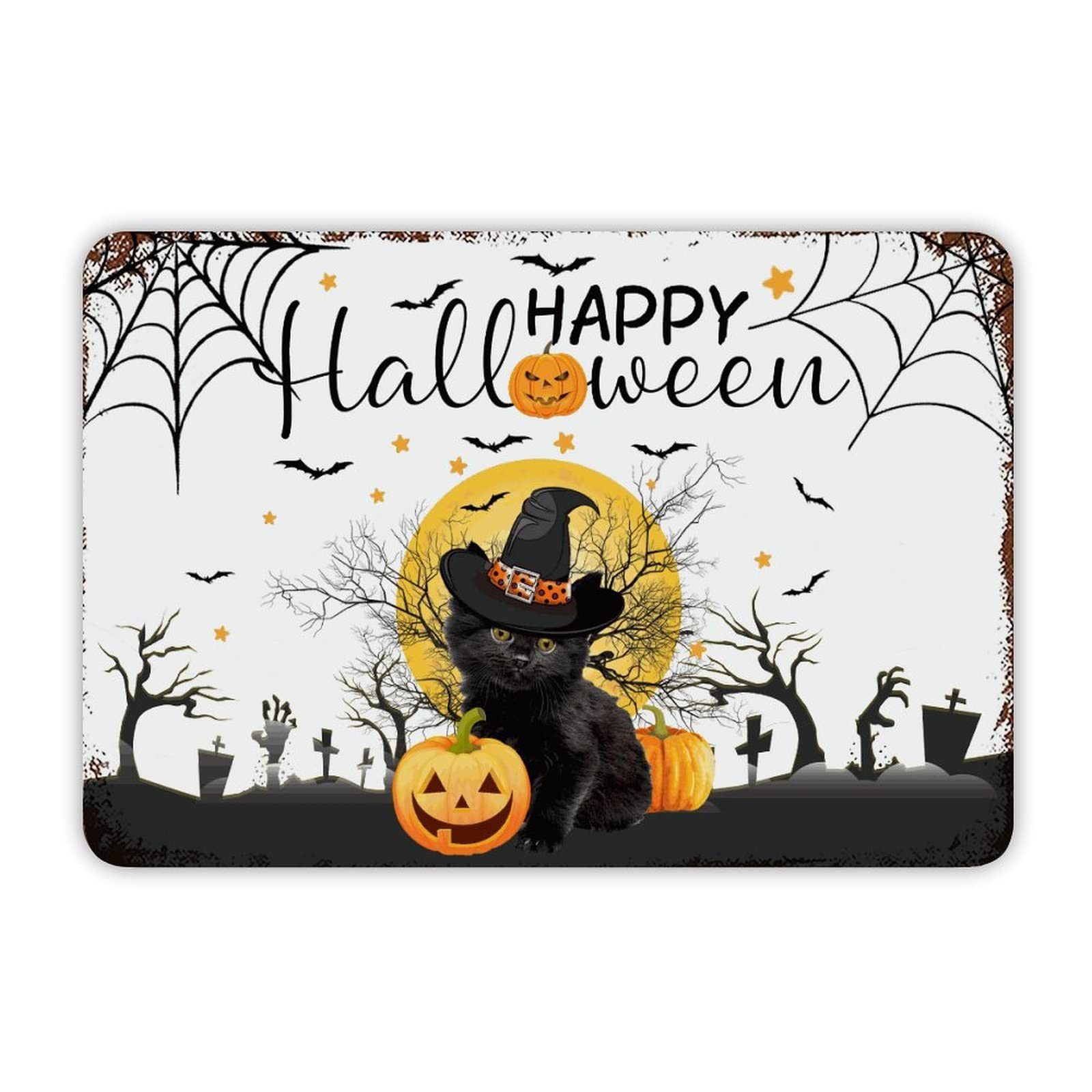 ENEDNATE Happy Halloween Witch Hat Cat Pumpkin Vintage Man Cave Metal Sign 8x12 Inch Decorative Aluminum Tin Sign for Indoor Outdoor Kitchen Bar Restaurant Cafe Pub Wall Art Decor Hanging Poster