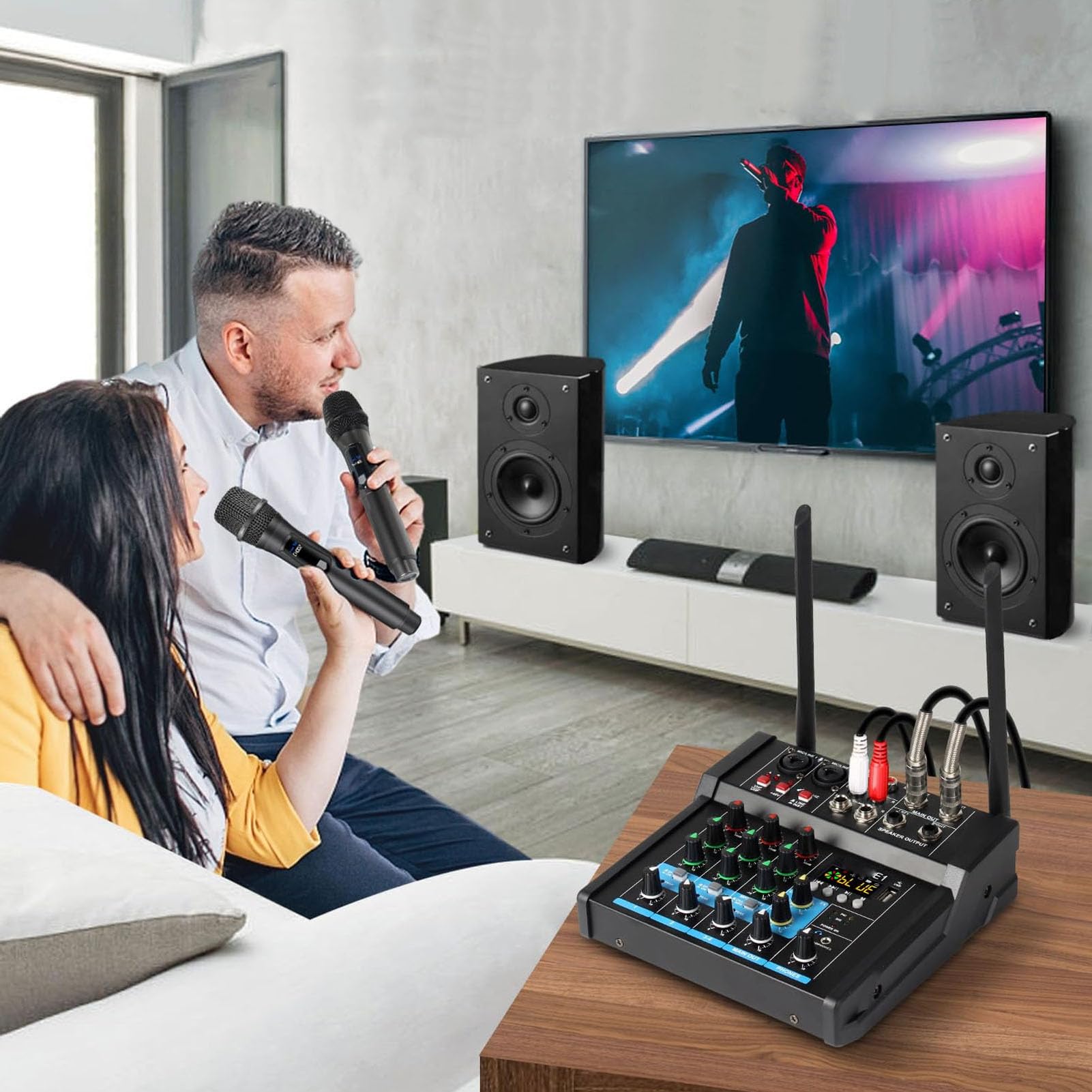 Console di Missaggio USB Microfono BT Karaoke Mixer Audio Riproduzione Chiavetta USB a 6 Canali Mini Mixer Audio DJ per PC Registrazione Live (SEAFRONTmn9afogkq1-12)