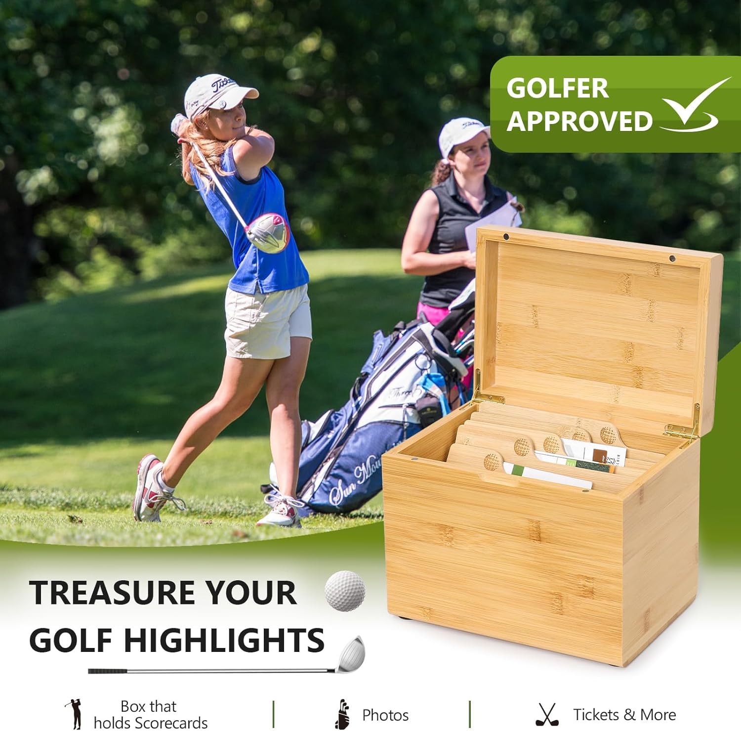 GLORIEROO Golf Storage Box Golf Gifts - Golf Scorecard Collection Box with 5 Wooden Dividers - Golf Organizer for Scorecards, Photos, Keepsakes; Fathers Day Dad Gifts for Men from Wife (Yellow)