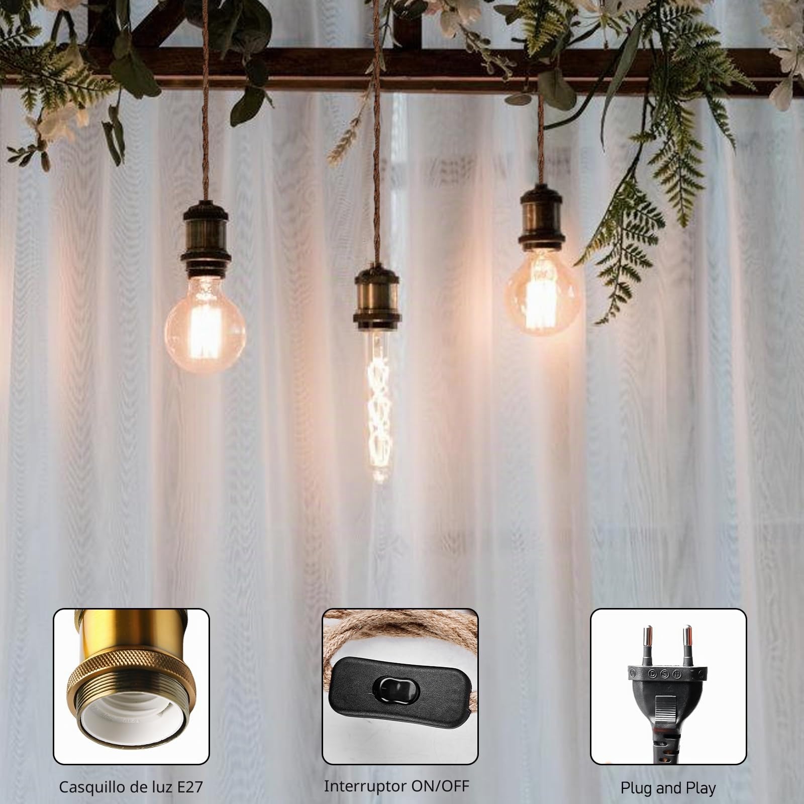 2 suspensiones vintage con enchufes, cables E27, cadenas de luces, cables con interruptor y enchufes en cuerda de cáñamo de 4,6 m, suspensiones de cable único para montar tú mismo