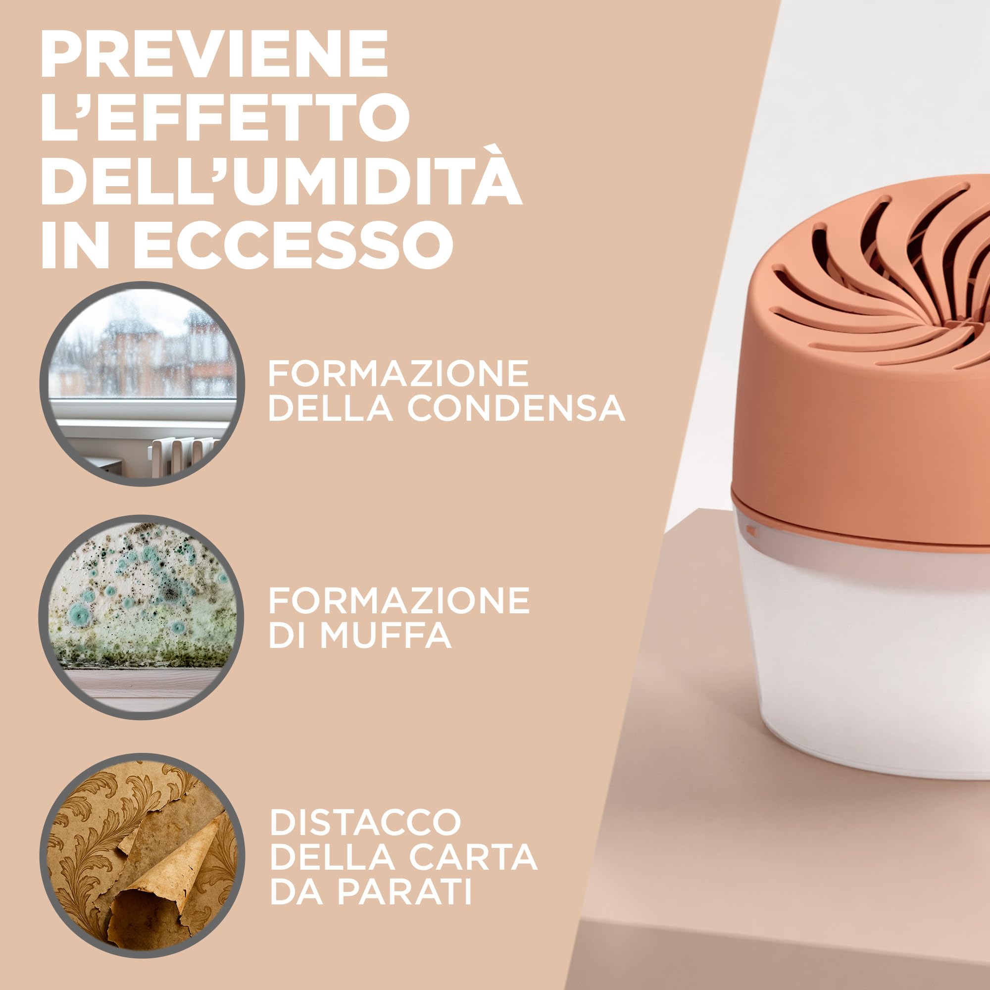 Ariasana Assorbiumidità Aero 360° Compact Pesca Colour Collection, 1 Deumidificatore e 1 Tab di ricarica 450g, Assorbiumidità per la circolazione dell'aria, Deumidificatore casa contro l'umidità